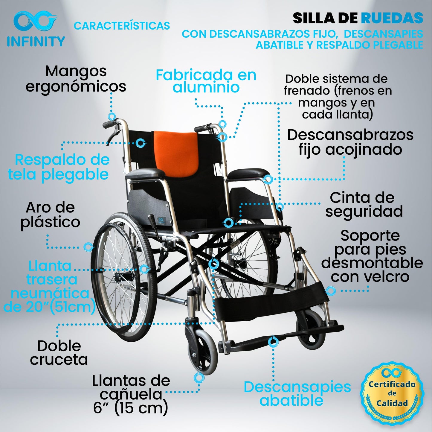 INFINITY | Silla de Ruedas Todo Terreno Ligera de Aluminio con Respaldo Plegable y Doble Sistema de Frenado (Negro-Naranja)