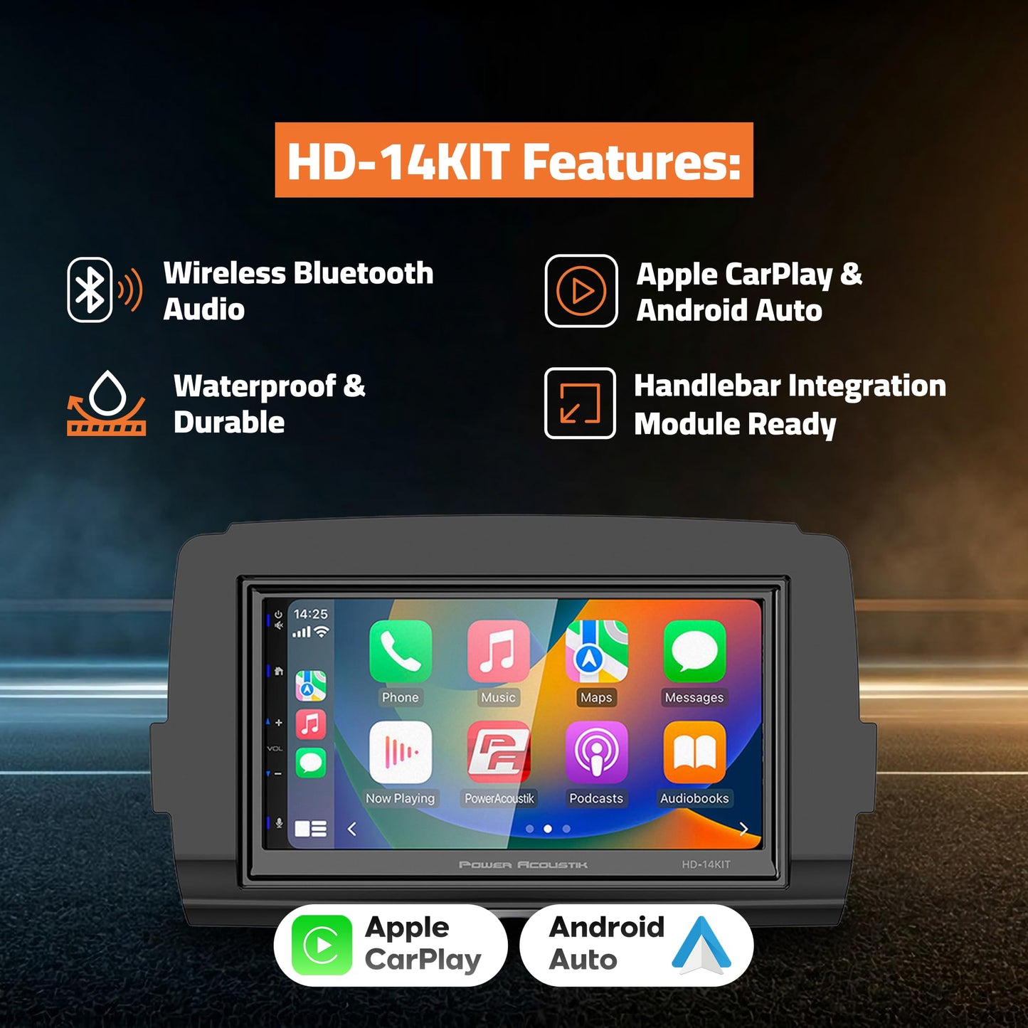 Power Acoustik HD-14KIT - Cabezal de Motocicleta de Repuesto de 7 Pulgadas para Motocicletas Harley-Davidson Touring 2014+, visualización táctil Impermeable, Apple Carplay y Android Auto con