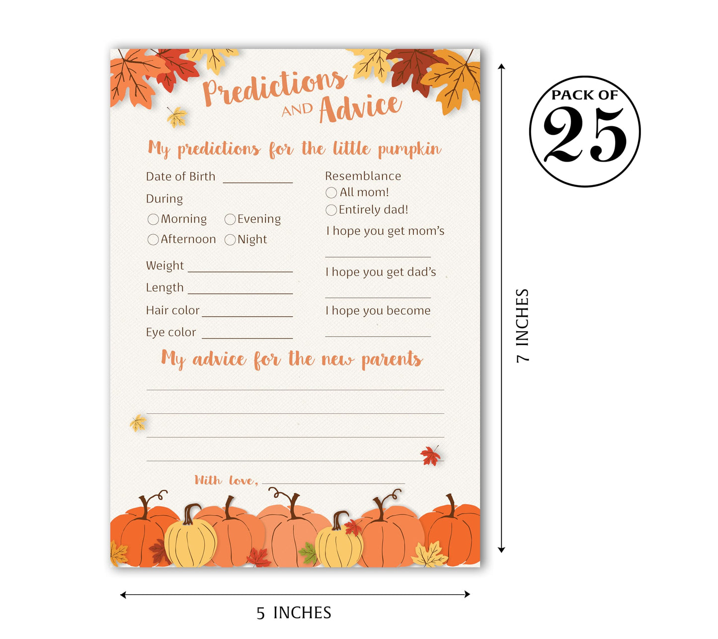 PuMPKINS - Tarjetas de predicción y consejo – Paquete de 25 – Little PuMPKIN juegos de baby shower, padres nuevos, mamá y papá para ser, mensaje para mamá y papá, parejas Coed Shower Actividades Libro de recuerdo de otoño G330-PDAV