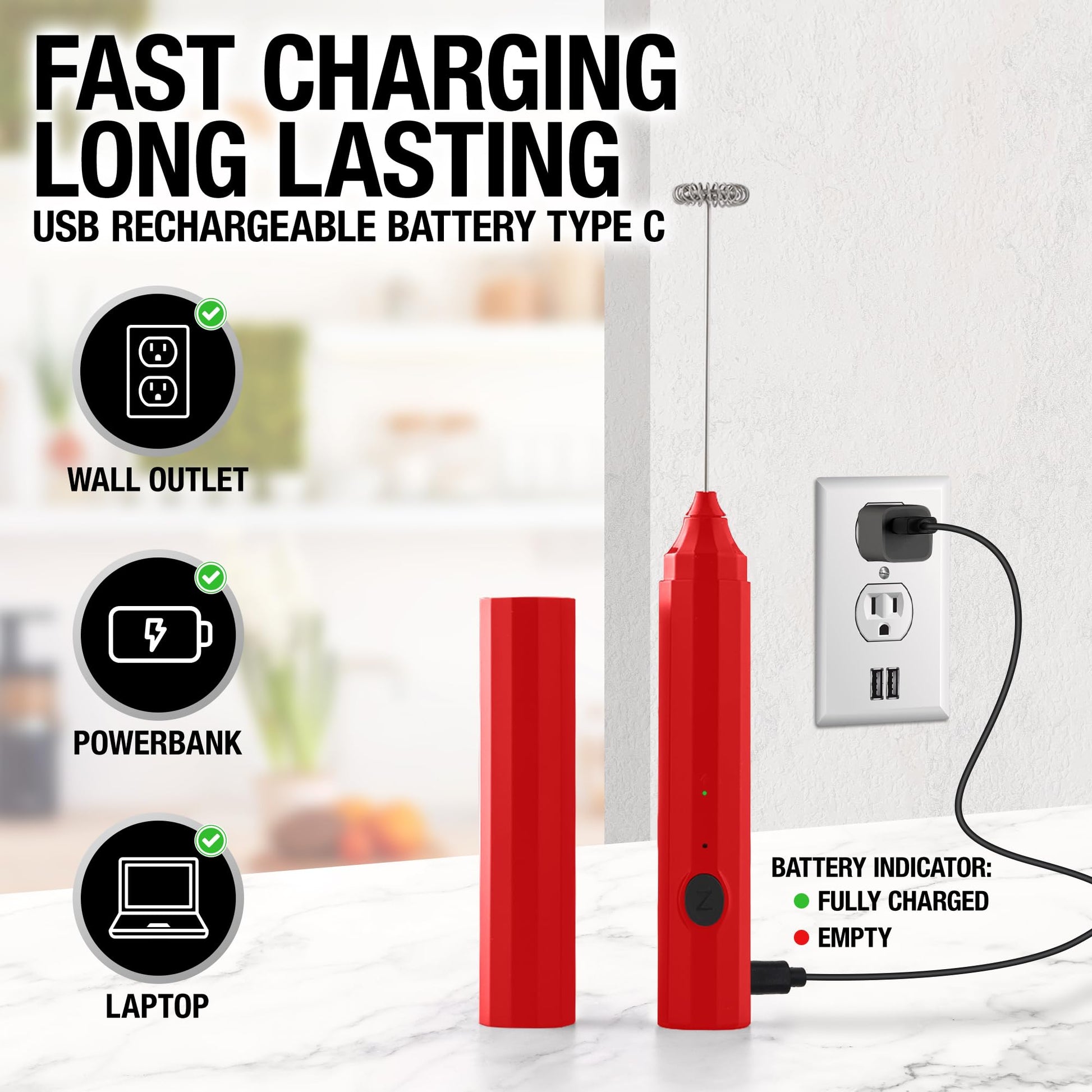 Espumador de Leche Zulay Rojo Recargable 3 en 1 con Funda y Cargador USB-C