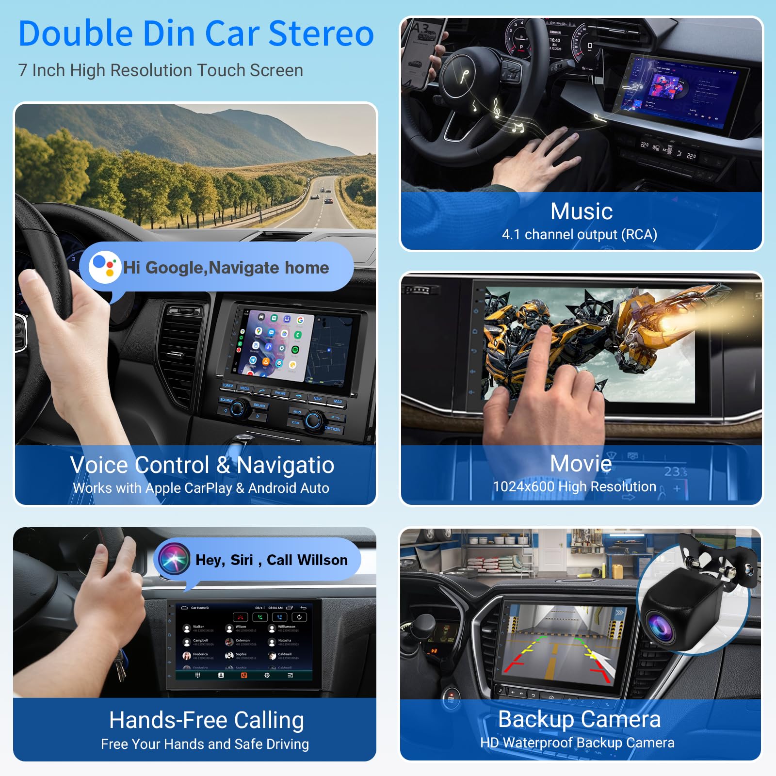 Haudio Estéreo inalámbrico de doble din, con visualización táctil HD de 7 pulgadas, CarPlay y Android Auto | Cámara de respaldo | Navegación GPS Bluetooth | FM/AM | Todos los vehículos