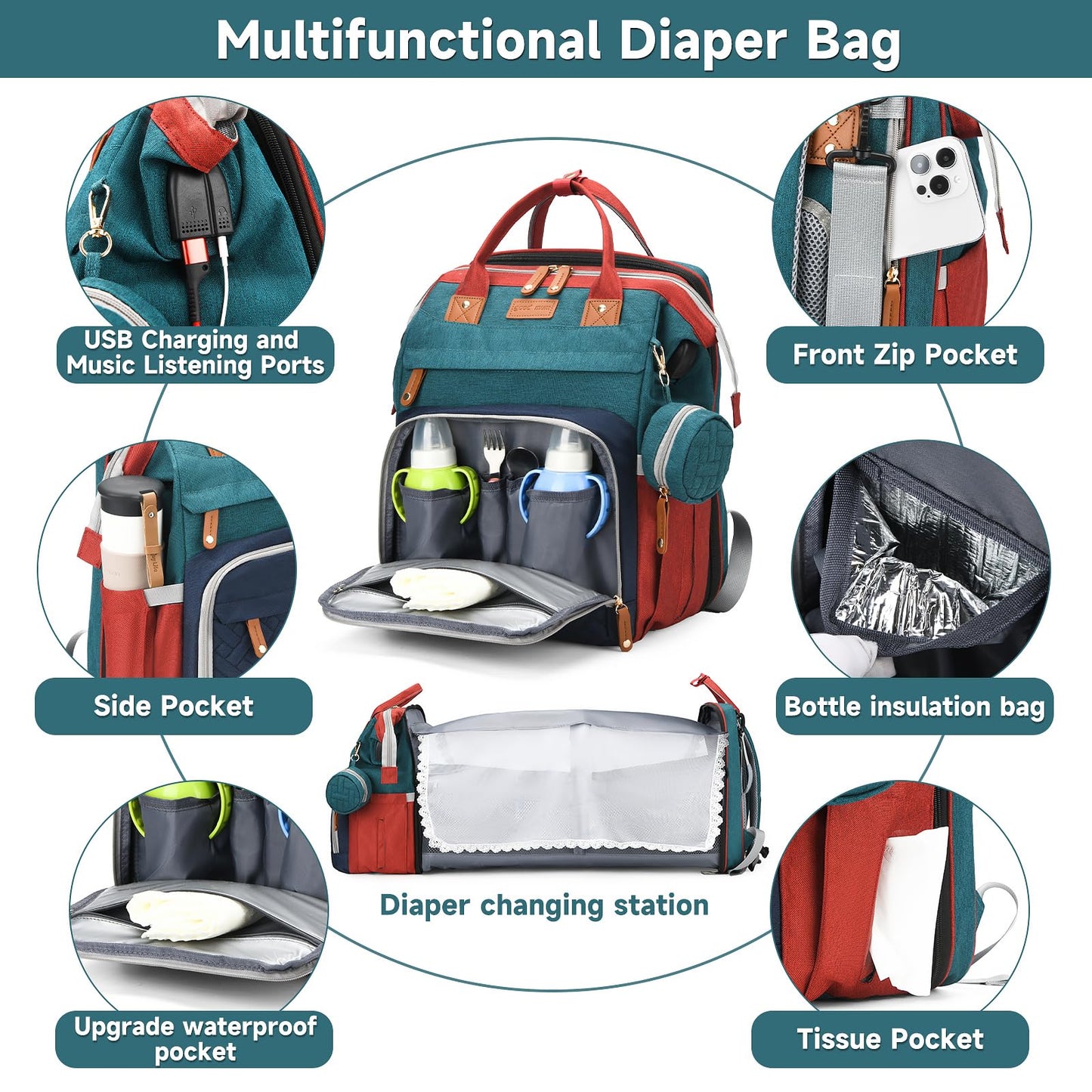 AHNTTGS - Bolsa para pañales con cambiador, Varios colores, Grande