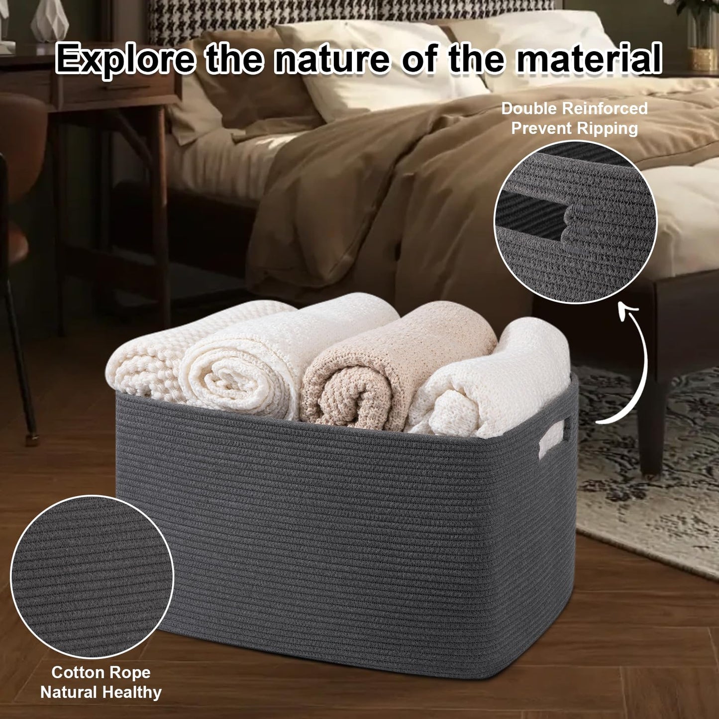 OIAHOMY Cesta de almacenamiento rectangular grande, 22 x 17 x 12 pulgadas, cesta de manta tejida para lavandería, sala de estar, guardería, recámara, cestas de juguetes, cubos organizadores, gris