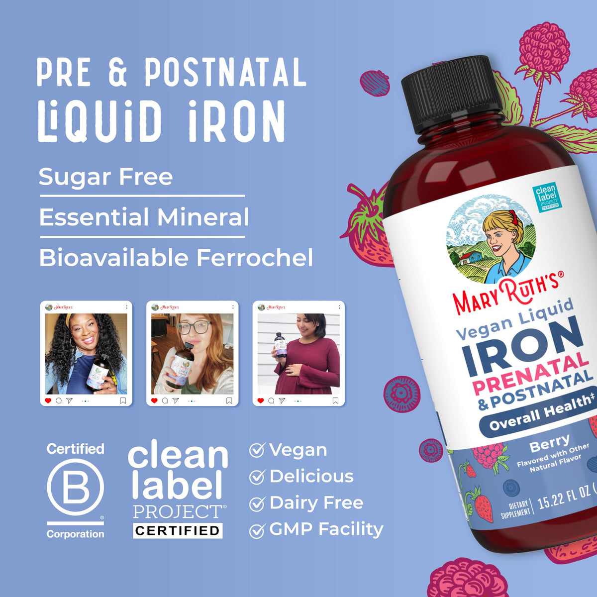 MaryRuth Organics | Prenatal Postnatal Iron Liquid, Berry, 16 oz | Líquido de hierro prenatal posnatal, bayas, 16 oz