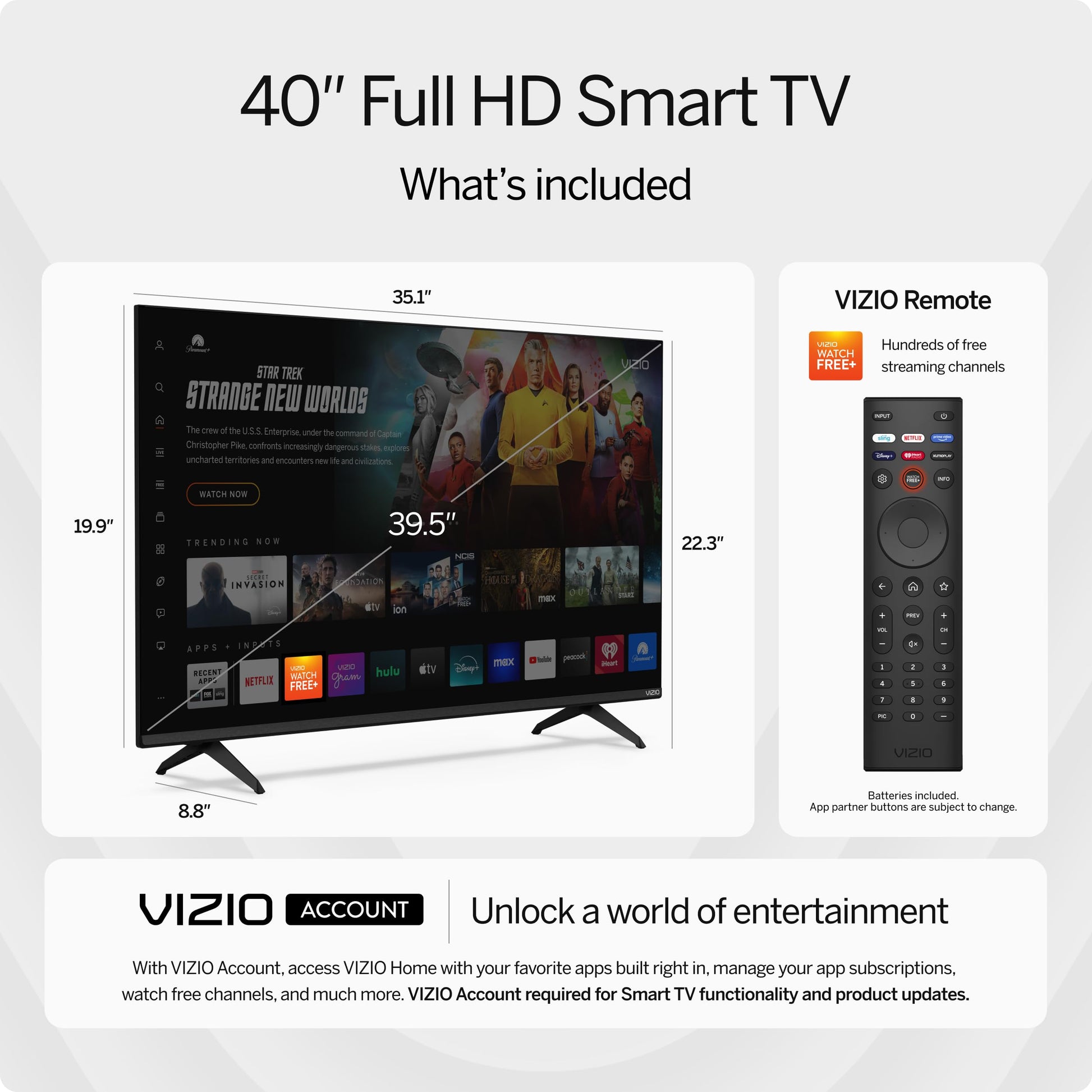 VIZIO - Smart TV Full HD 1080p de 40 pulgadas con DTS Virtual: X, compatibilidad con Alexa, Google Cast integrada, con auriculares Bluetooth (VFD40M-08 nuevo)