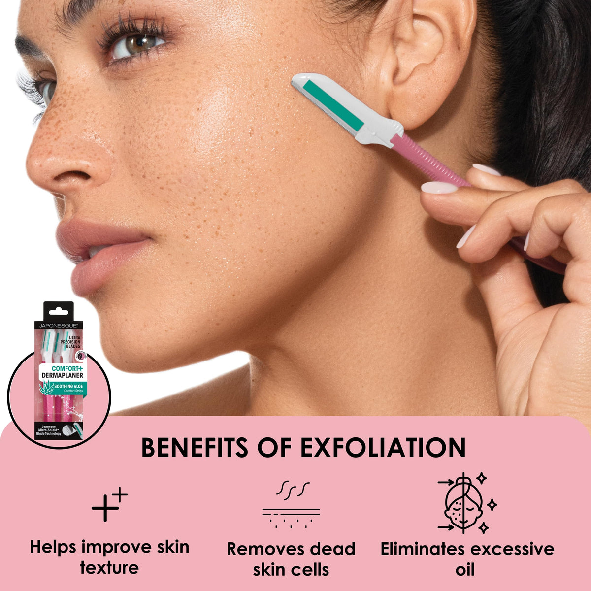 JAPONESQUE- PIEL SUAVE Y BRILLANTE AL INSTANTE: El Dermaplaner Japonesque Comfort+ combina cuchillas japonesas de ultraprecisión y una tira calmante de aloe que deja tu piel visiblemente más brillante
