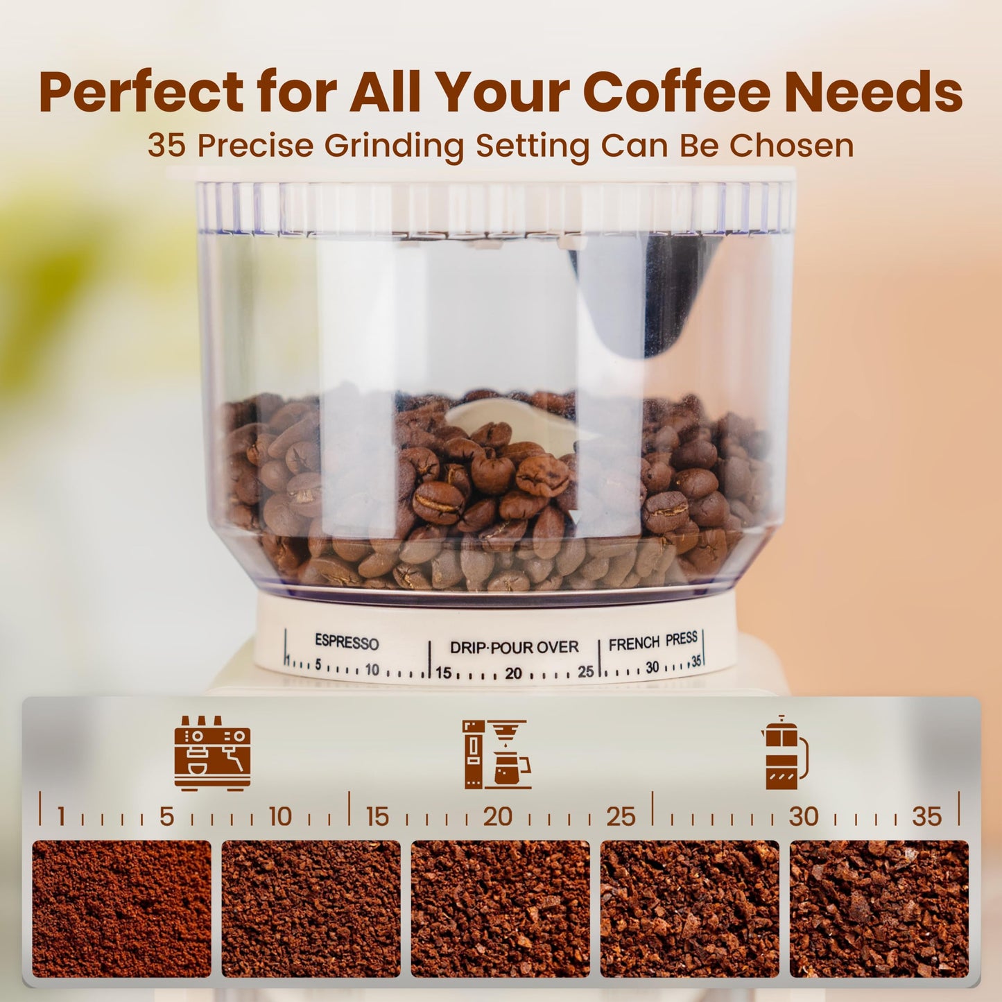 Gevi - Máquina de Espresso Profesional Compacta de 20 Bares Con Espumador de Leche Para Expreso, Latte y Capuchino Con 35 Ajustes Precisos de Molienda, Color Beige
