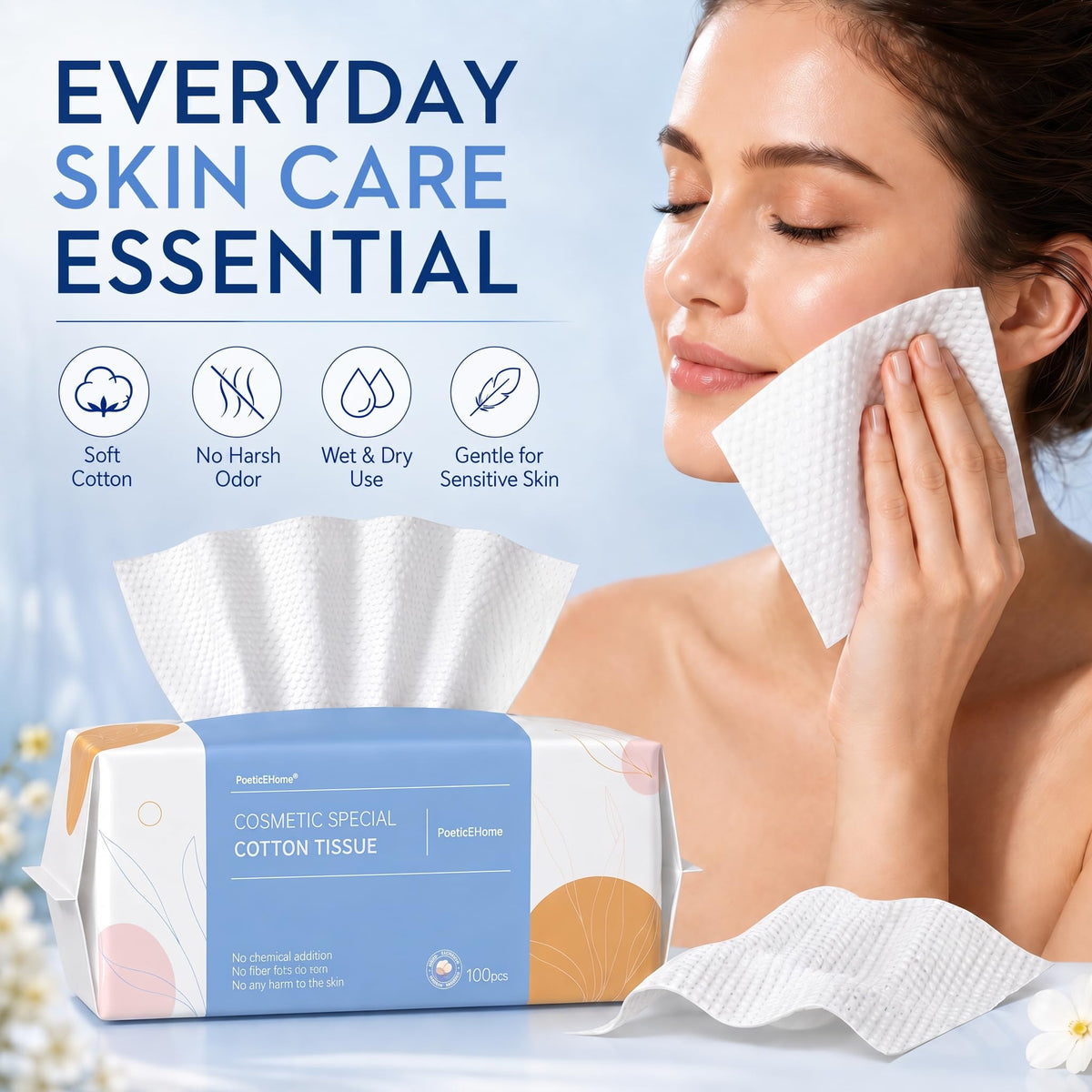 PoeticEHome Toallita suave y seca, 100% algodón, toalla facial desechable, sin pelusas, uso húmedo en seco para piel sensible, limpieza facial, eliminación de maquillaje, limpieza de superficies (300 unidades)