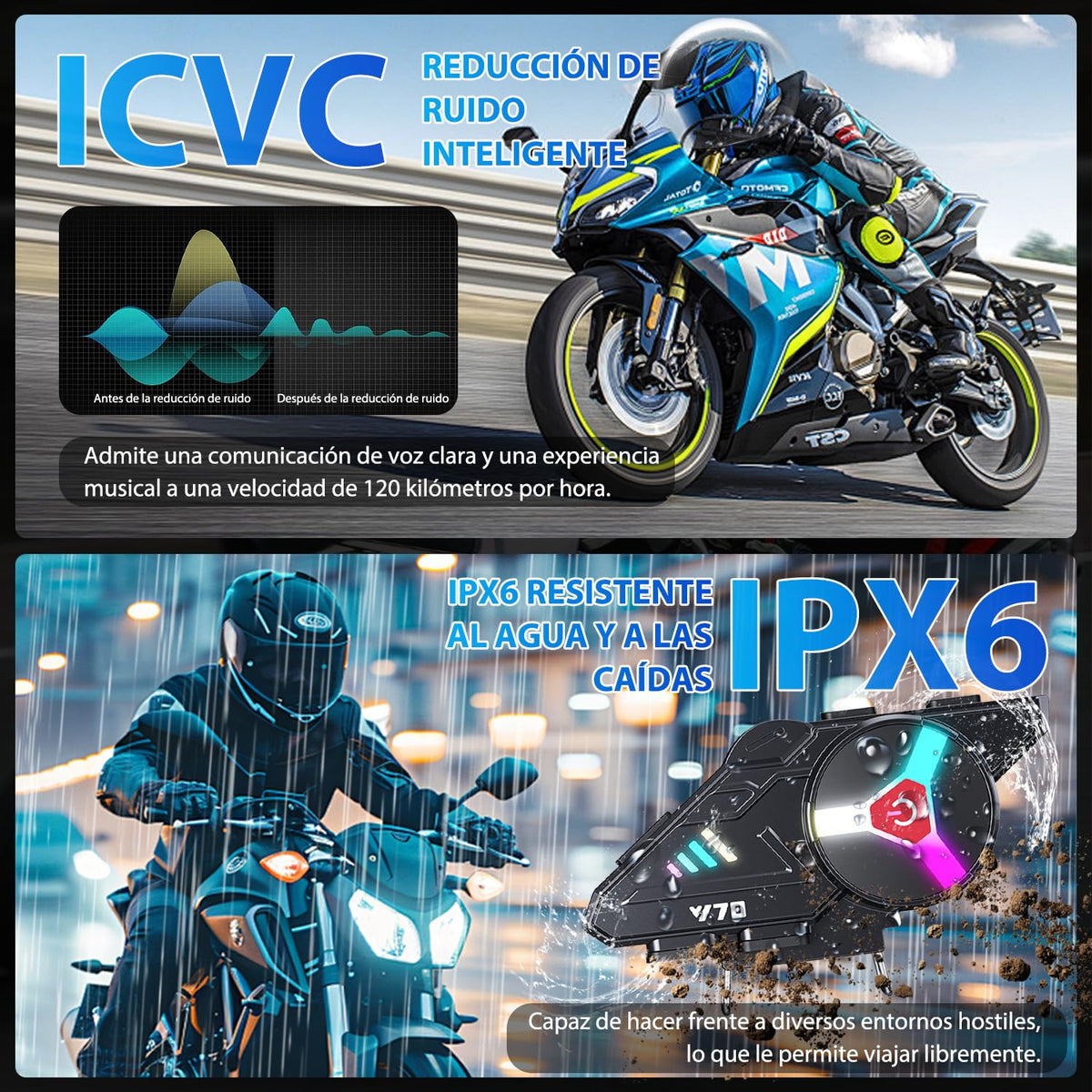 Auricular Bluetooth Motocicleta IP67 Negro Intercomunicado 5.3 Conexión Dual