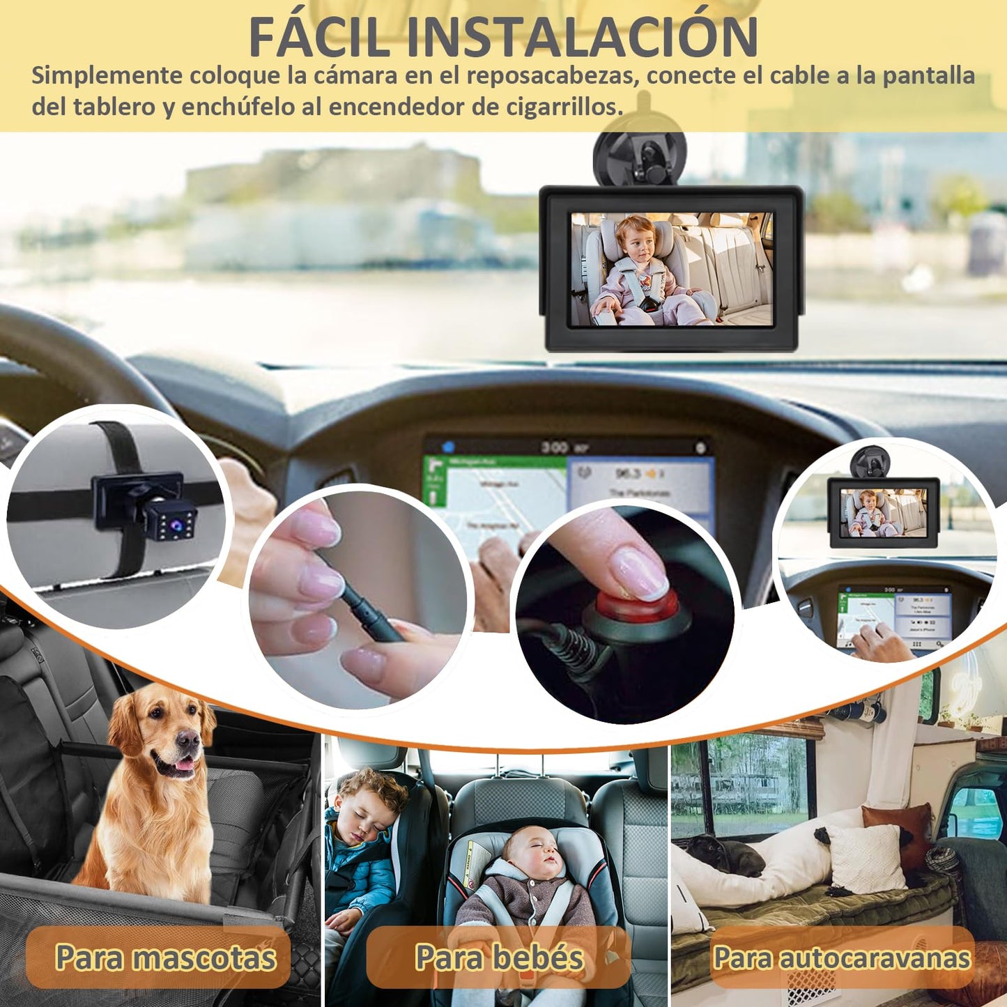 KASIKAI Cámara para Bebé Asiento Trasero HD 1080P, Pantalla 4.3'' Espejo Retrovisor con 8 Leds Visión Nocturna, 150° Ángulo Amplio y 360° Giratorio, Monitor para Carro Bebé, Cámara Coche Infantil