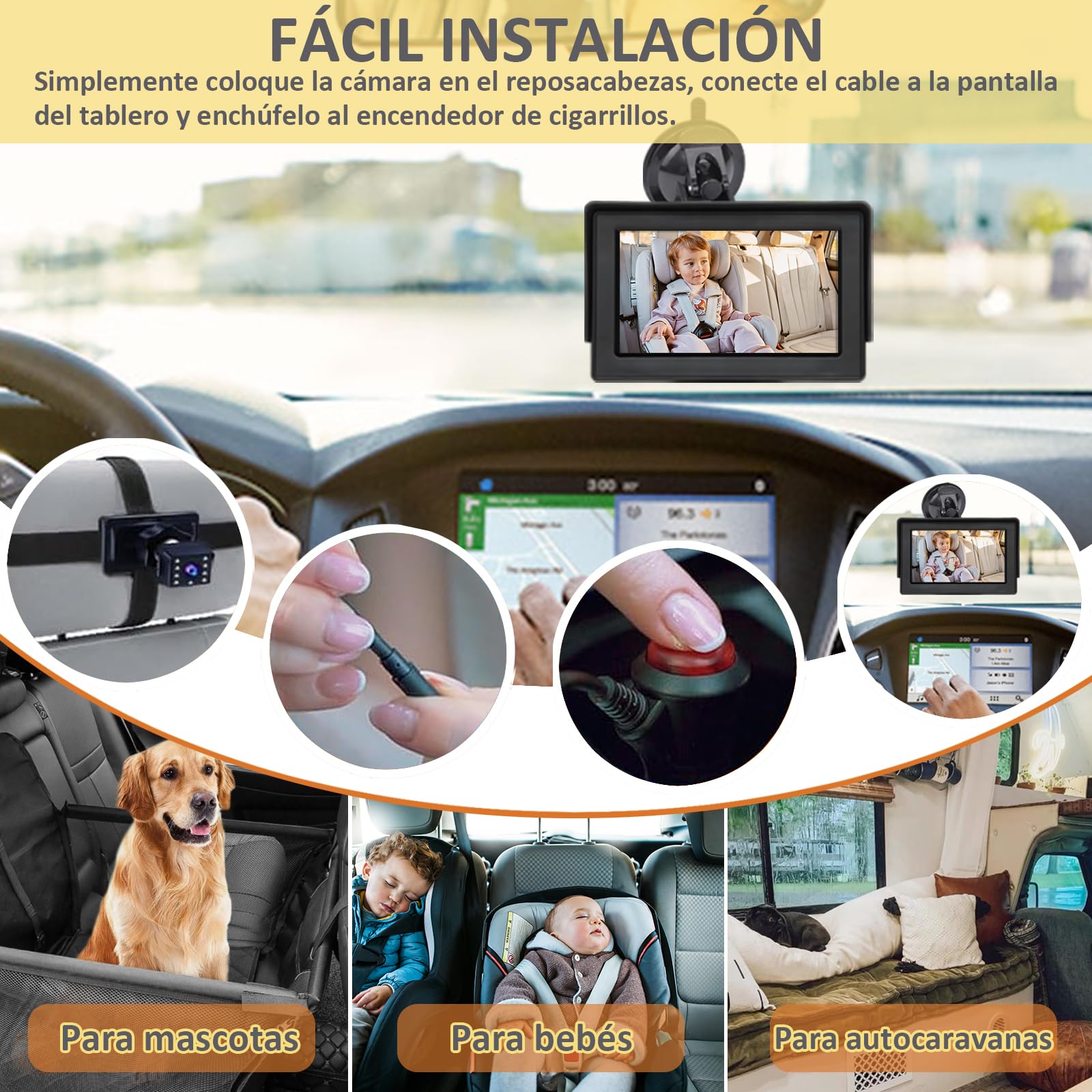 KASIKAI Cámara para Bebé Asiento Trasero HD 1080P, Pantalla 4.3'' Espejo Retrovisor con 8 Leds Visión Nocturna, 150° Ángulo Amplio y 360° Giratorio, Monitor para Carro Bebé, Cámara Coche Infantil