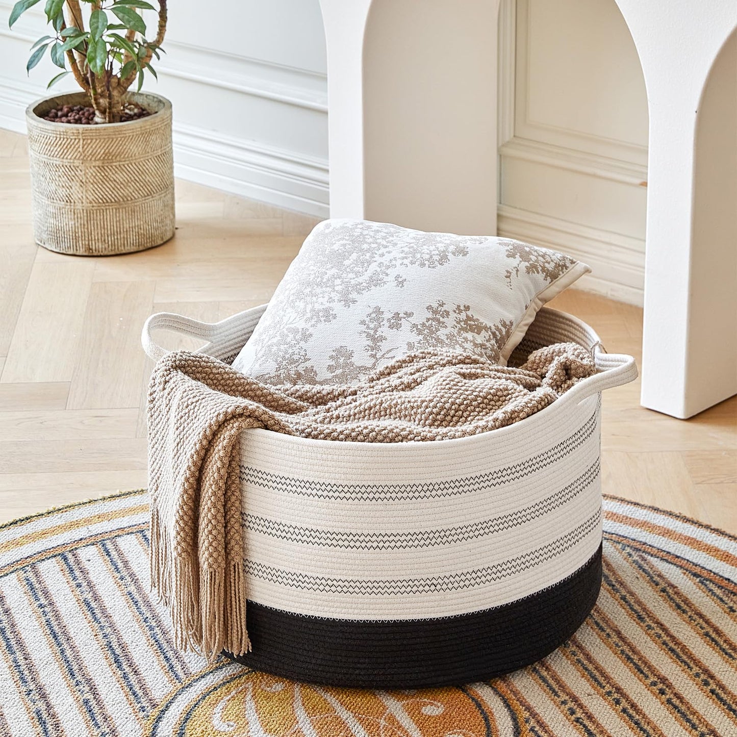 R RUNKA Cesta de almacenamiento extragrande – 22 x 55,5 x 35,5 cm XXXL extra grande – Cesta de ropa tejida con asas – Cesta decorativa extra grande para mantas, redonda, suave, para la sala de estar de los niños