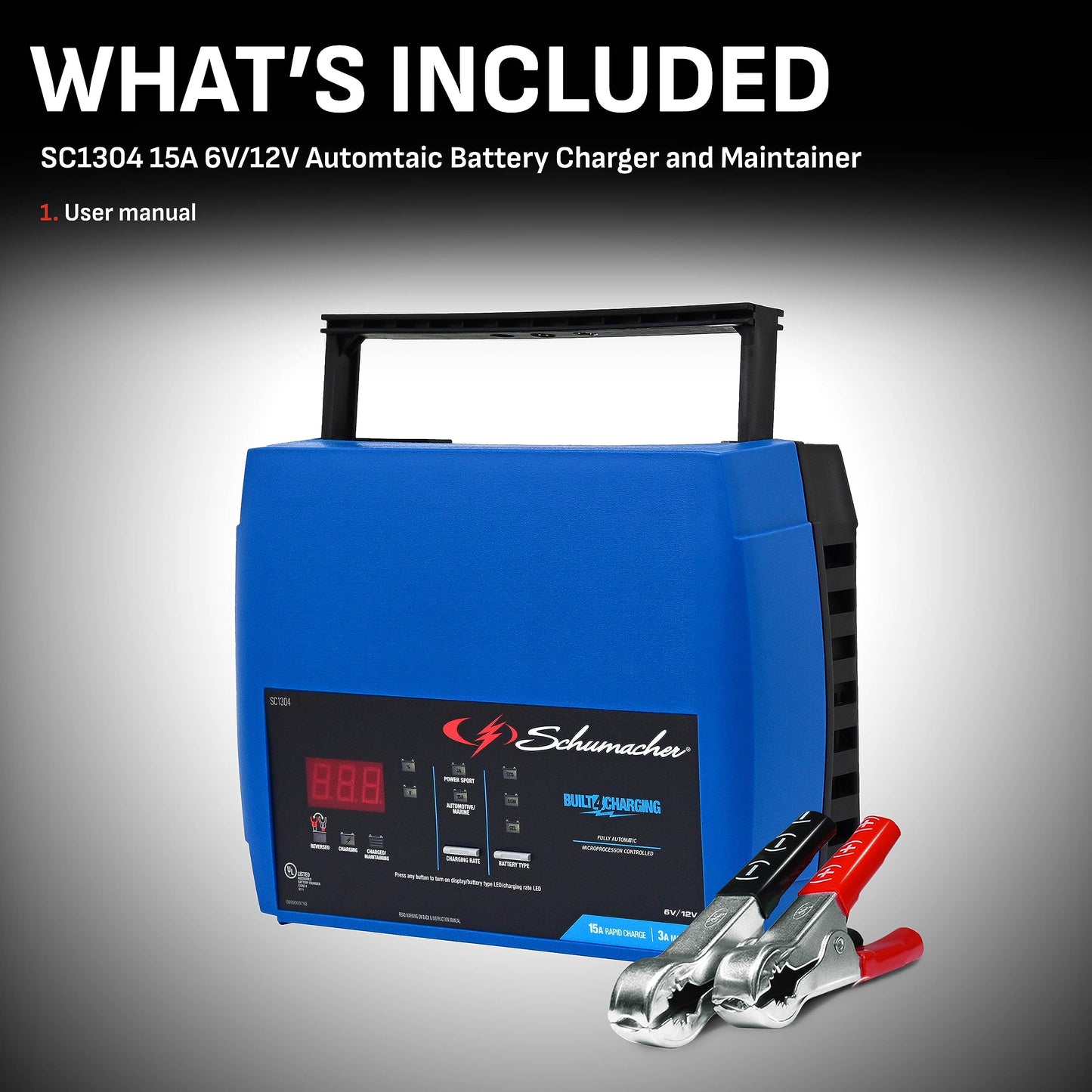 Schumacher SC1304 - Cargador y mantenedor rápido eléctrico 2 en 1 - Totalmente automático, 15 amperios, 12 voltios y 6 voltios, para motocicletas, deportes de potencia, marinos, automóviles y camiones
