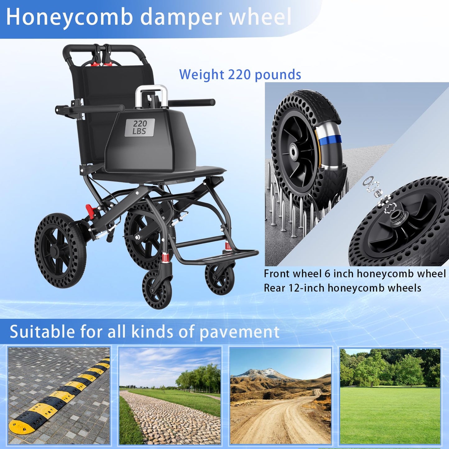 Hopelight Silla de ruedas plegable ultraliviana con ruedas de panal de abeja de 12 pulgadas, sillas de ruedas de viaje con pedales plegables y brazos abatibles, freno de mano y bolsa de almacenamien