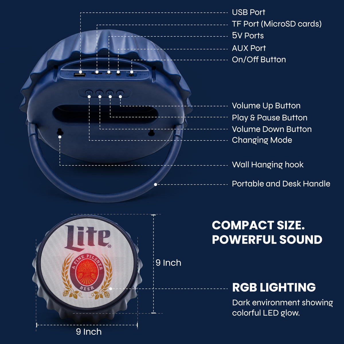 Altavoz Bluetooth Miller Lite Azul con Luz que Cambia de Color y Soporte