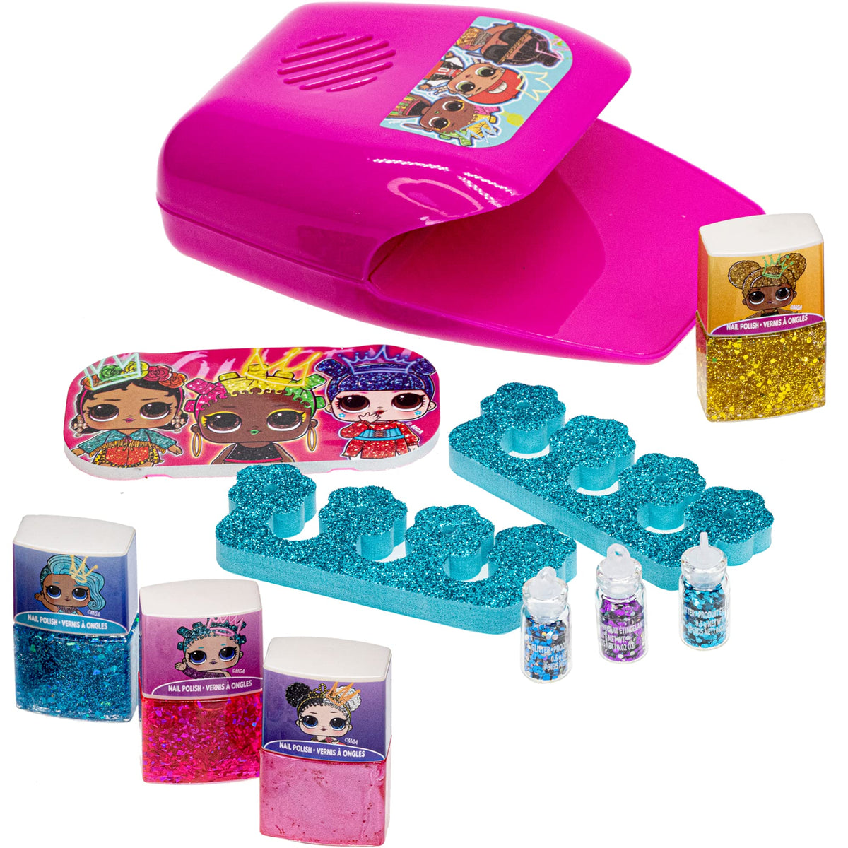 L.O.L. Surprise! Townley Girl, Non-Toxic Peel-Off Water-Based Safe Quick Dry Nail Polish Gift Kit Set for Kids Set With Nail Gem Wheel, Nail Stickers, Toe Spacers, Nail File, Glitter Vials, and Nail Dryer, Batteries Not Included, Ages 5+
