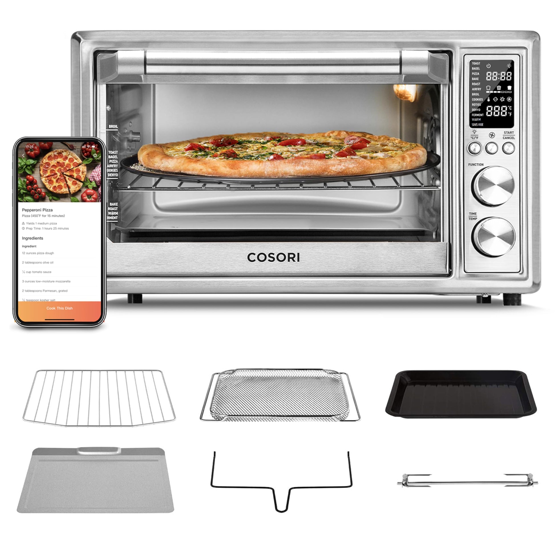COSORI Combo de horno tostador de aire 13 en 1, aplicación de 32 cuartos y encimera de horno de convección de control de voz, hornear, asar, deshidratar, Sous Vide, 134 recetas y 4 accesorios, plata,
