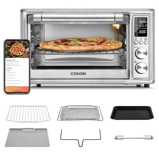 COSORI Combo de horno tostador de aire 13 en 1, aplicación de 32 cuartos y encimera de horno de convección de control de voz, hornear, asar, deshidratar, Sous Vide, 134 recetas y 4 accesorios, plata,