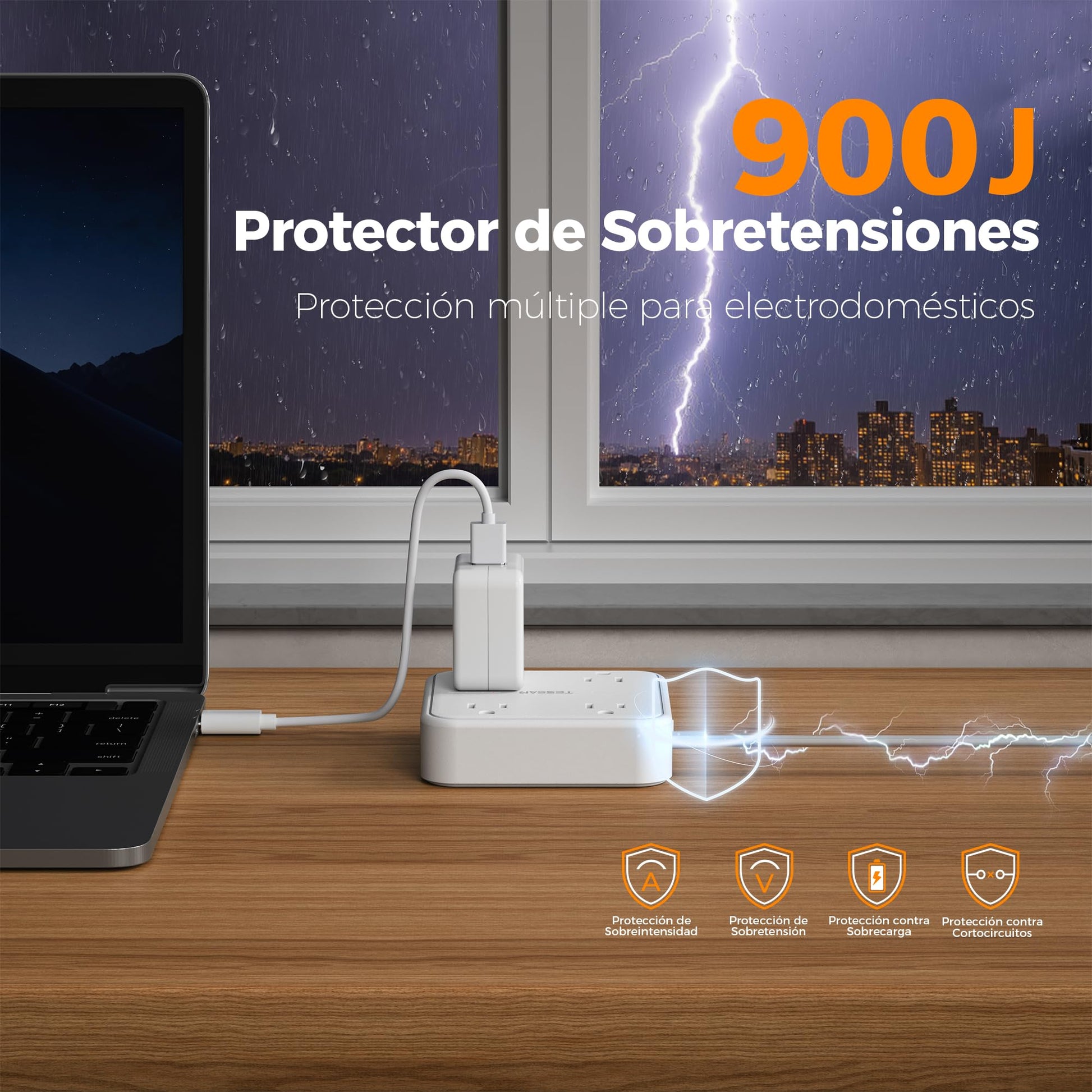 TESSAN Regleta Multicontacto con Protector de Sobretensión, 1.5M Plana Extension Electrica, Enchufe Plano Conector Multiple con 4 Salidas y 3 USB (1 USB C), Hogar Oficina Dorm, Puro Blanco