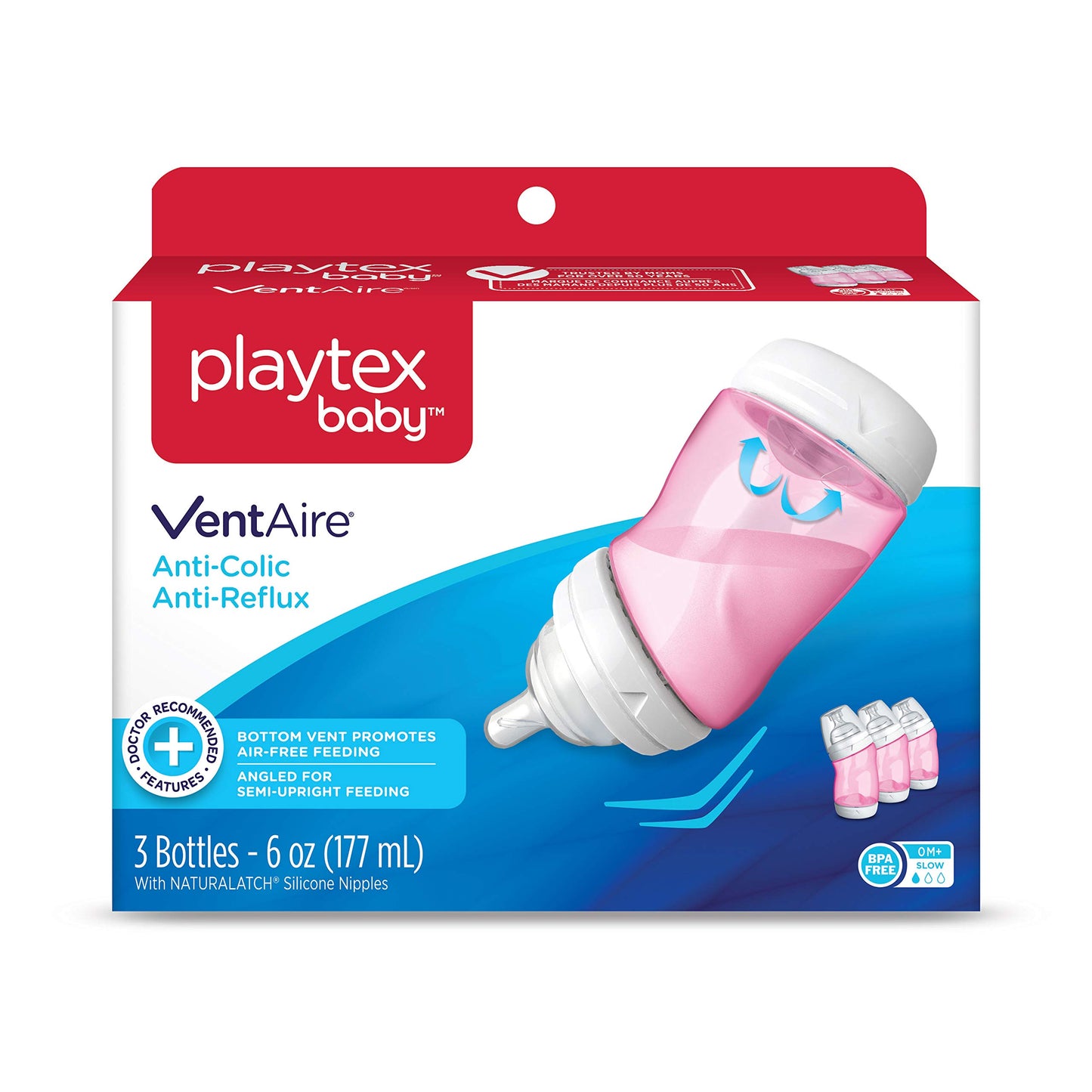 Playtex Ventaire Advanced - Biberón (paquete de 3) Rosado 6 onzas (177.44ml)