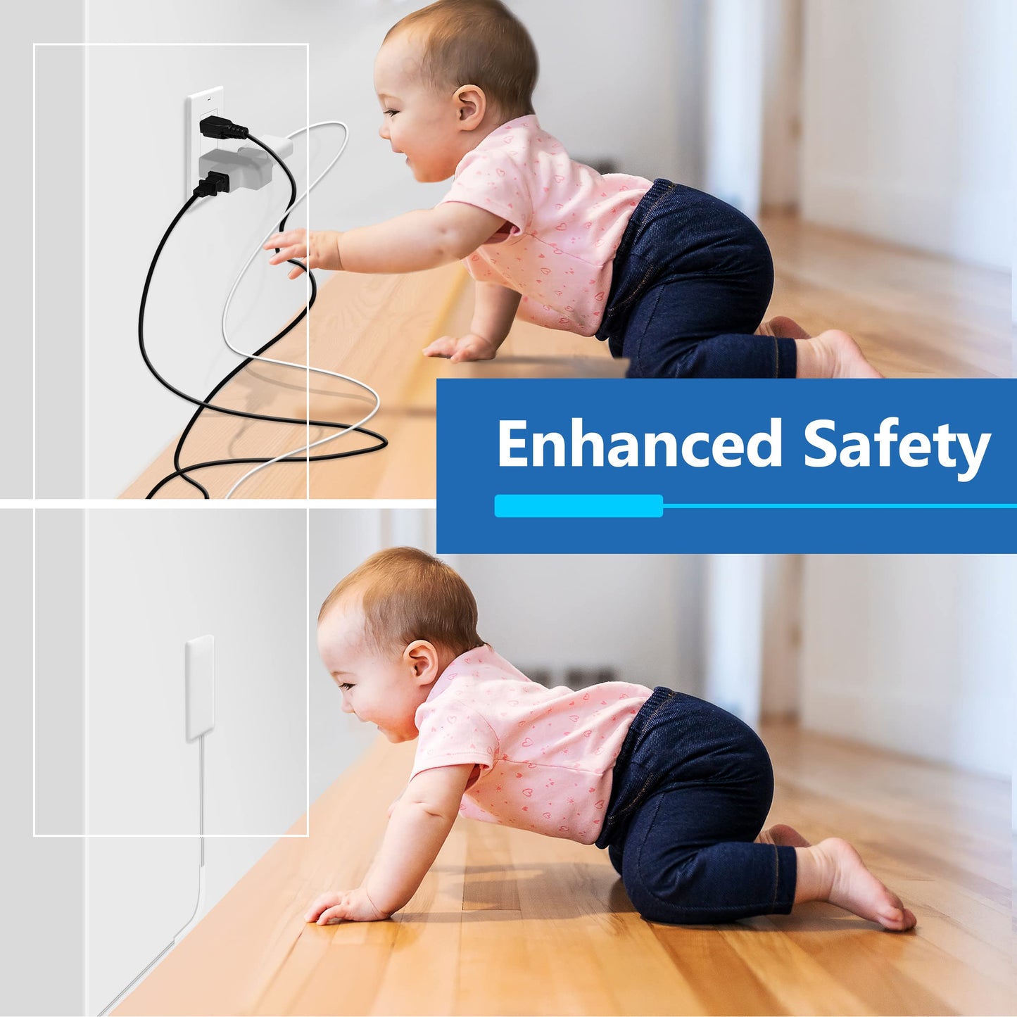 LIDER Extensor de toma de cara plana con 3 receptáculos, enchufe de placa de pared ultradelgado con extensor de cable y tira de alimentación de 3 salidas, cable de 8 pies, LWE8-315-W, listado ETL