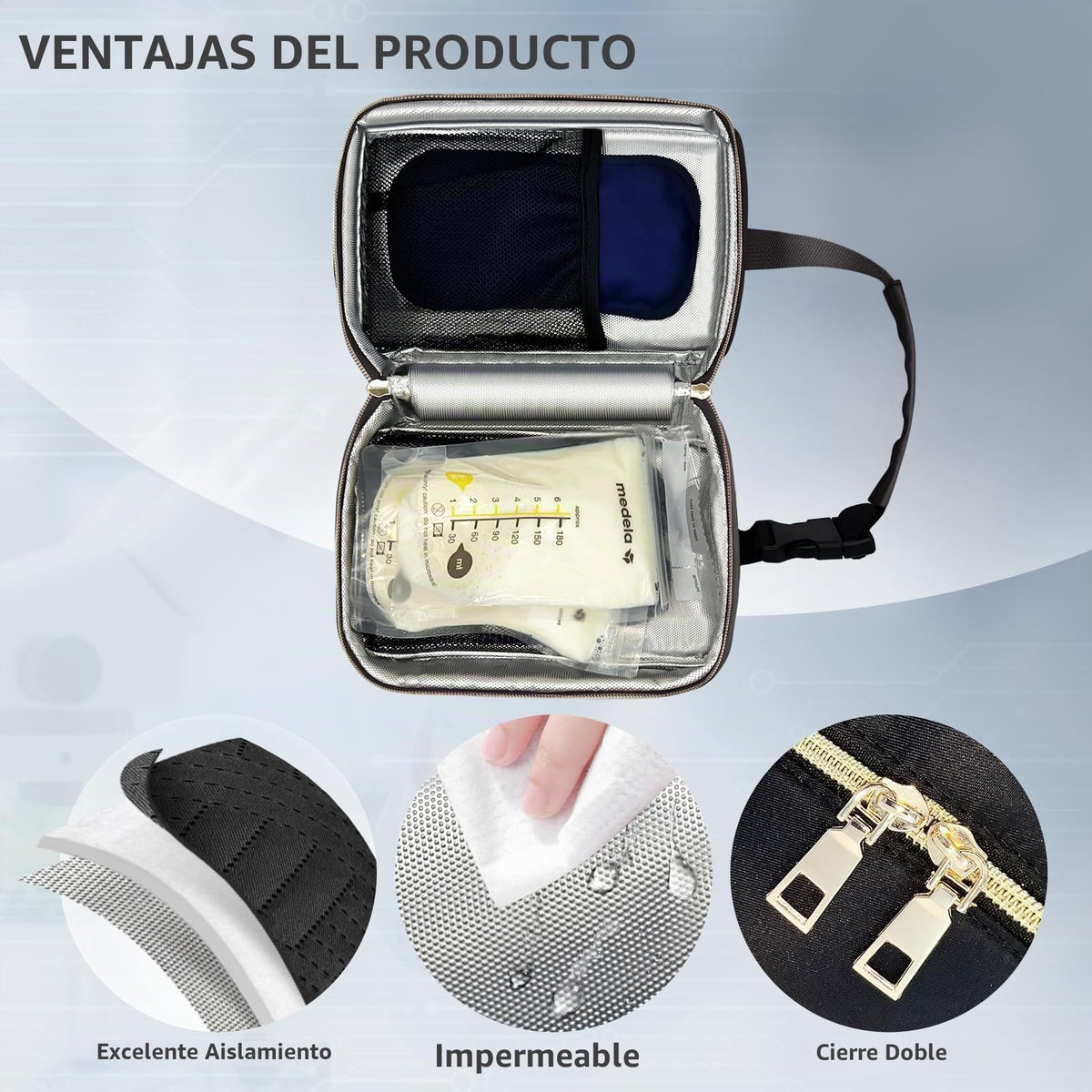 MELINON Bolsa impermeable para enfriar leche materna con 2 paquetes de hielo grandes - Bolsa aislada para almacenamiento de leche materna de viaje con hebilla y asa colgante para guardería y viajes