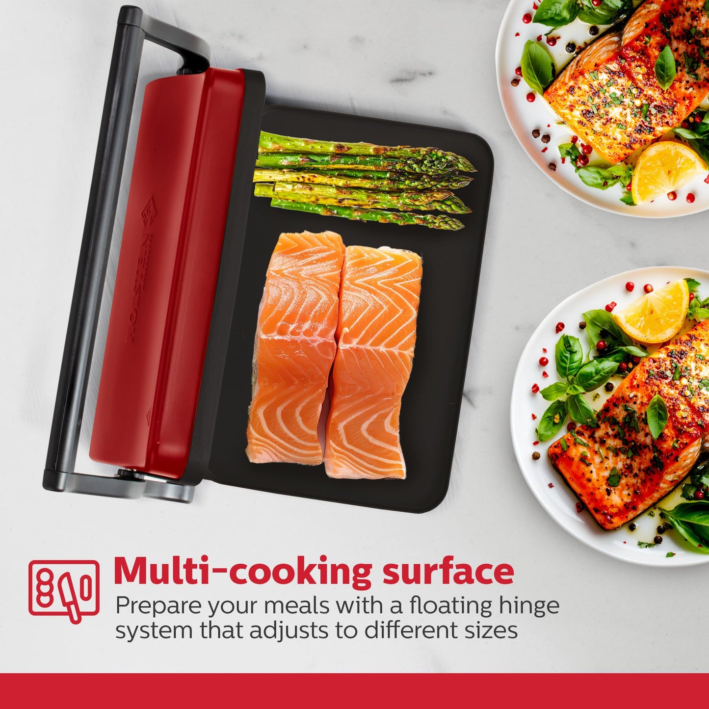 Holstein Housewares - Plancha eléctrica de 2 rebanadas, sandwichera antiadherente con temperatura ajustable, mango de tacto fresco, rojo metálico