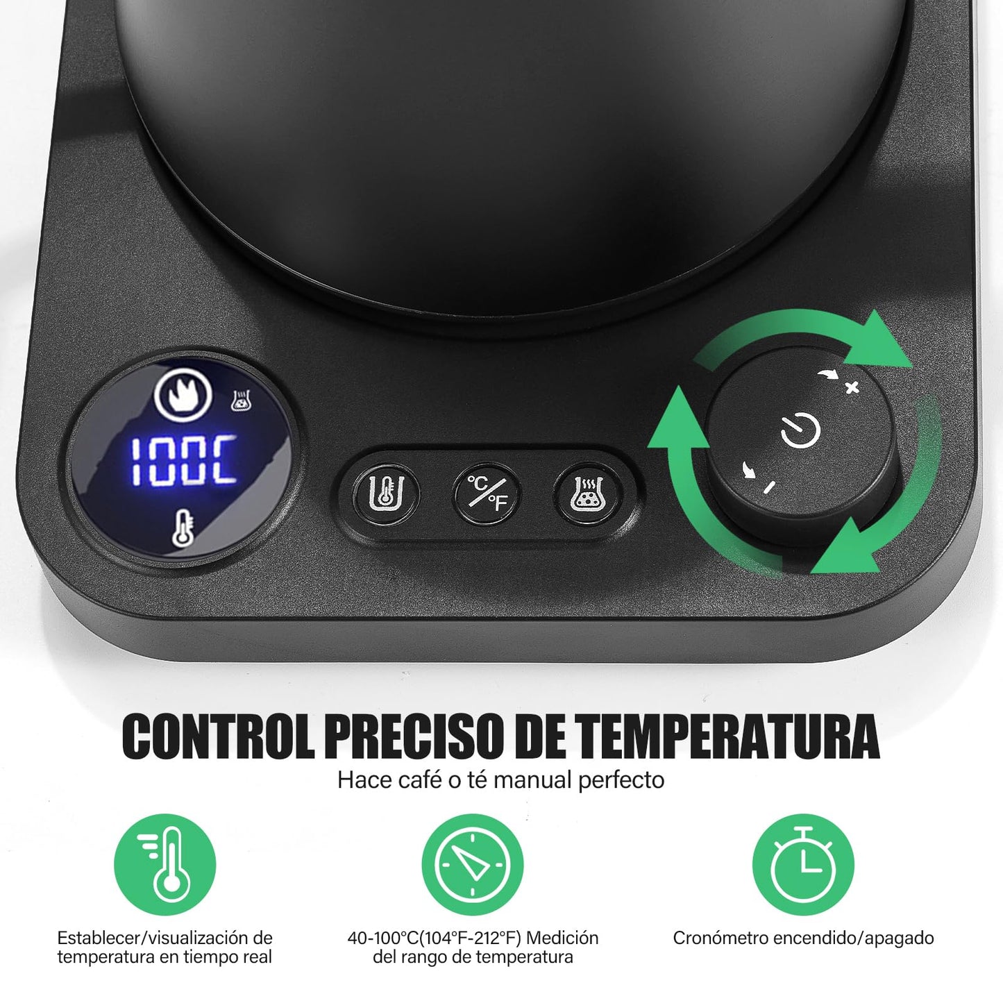 Hervidor Eléctrico de Cuello de Cisne de 1 L, Control de Temperatura Preciso de 1°C, Interior de Acero Inoxidable, 1200 W, Adecuado para la Preparación de Café Profesional., Negro Mate