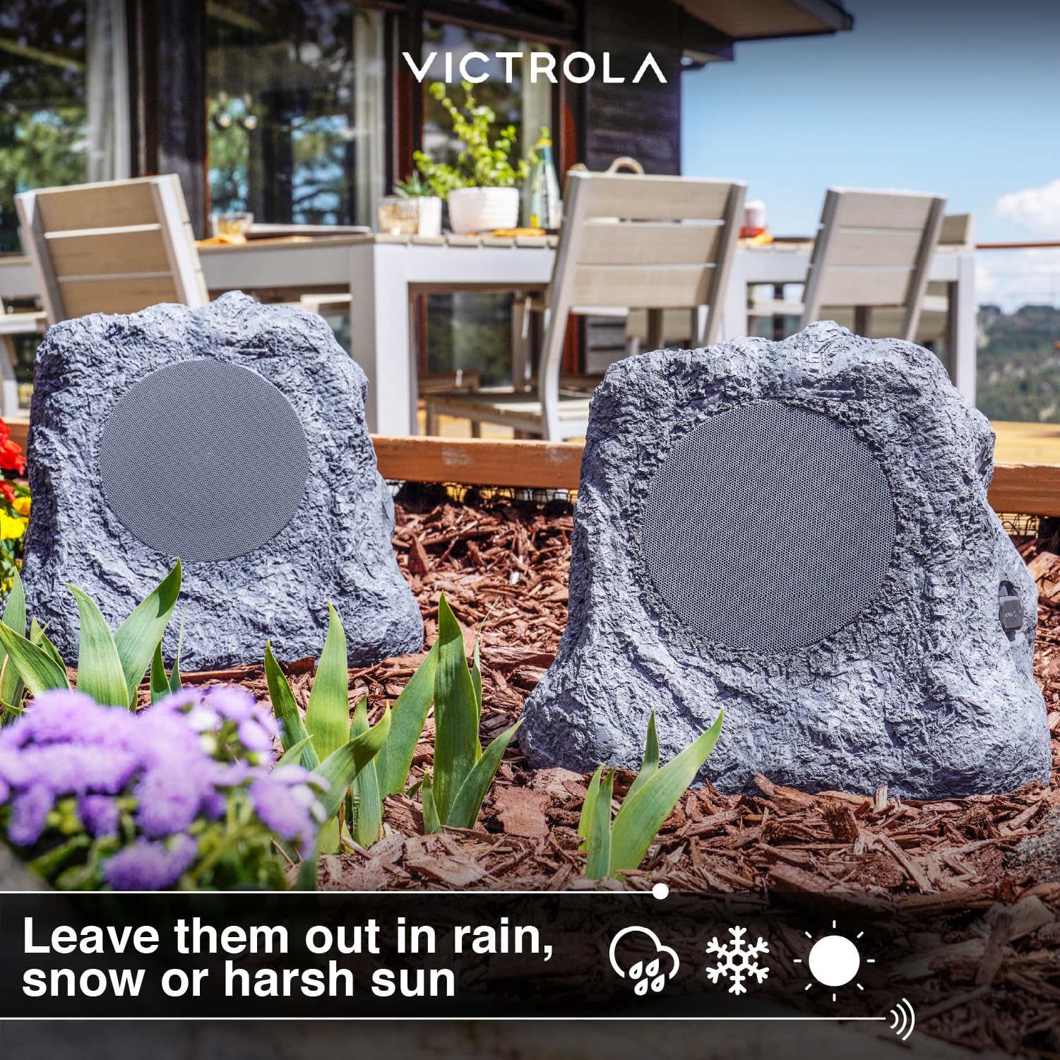 Victrola The Solar Rock Speakers Pair, 14 Hours PlayTime, IPX4 Rechargeable Solar Outdoor Bluetooth Speakers for Garden, Patio, Built for All Seasons, Wireless Music Streaming, Charcoal