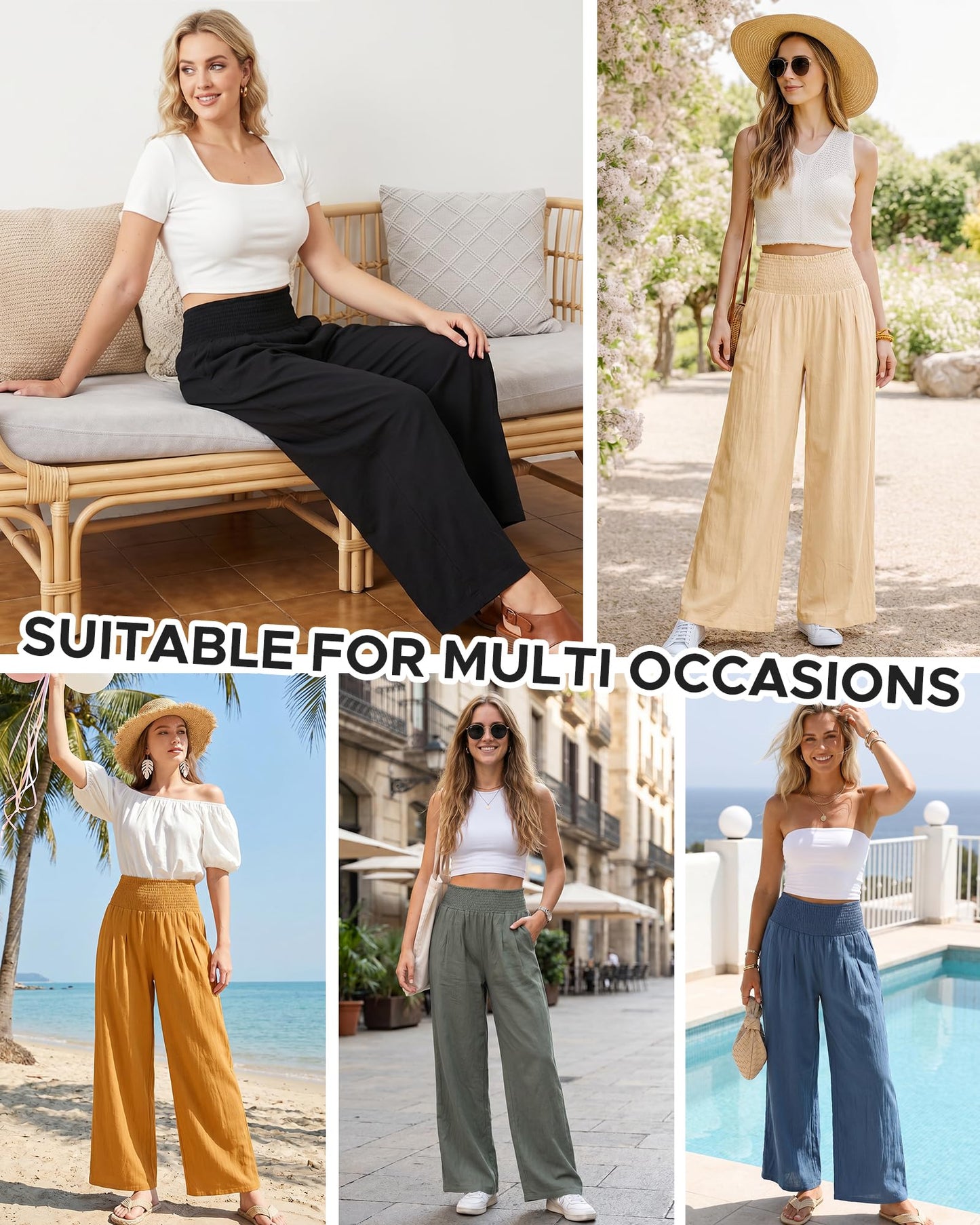 Makepid Pantalones casuales de pierna ancha para mujer, pantalones palazzo de cintura alta, pantalones de verano para estar en casa con bolsillos, color verde militar.