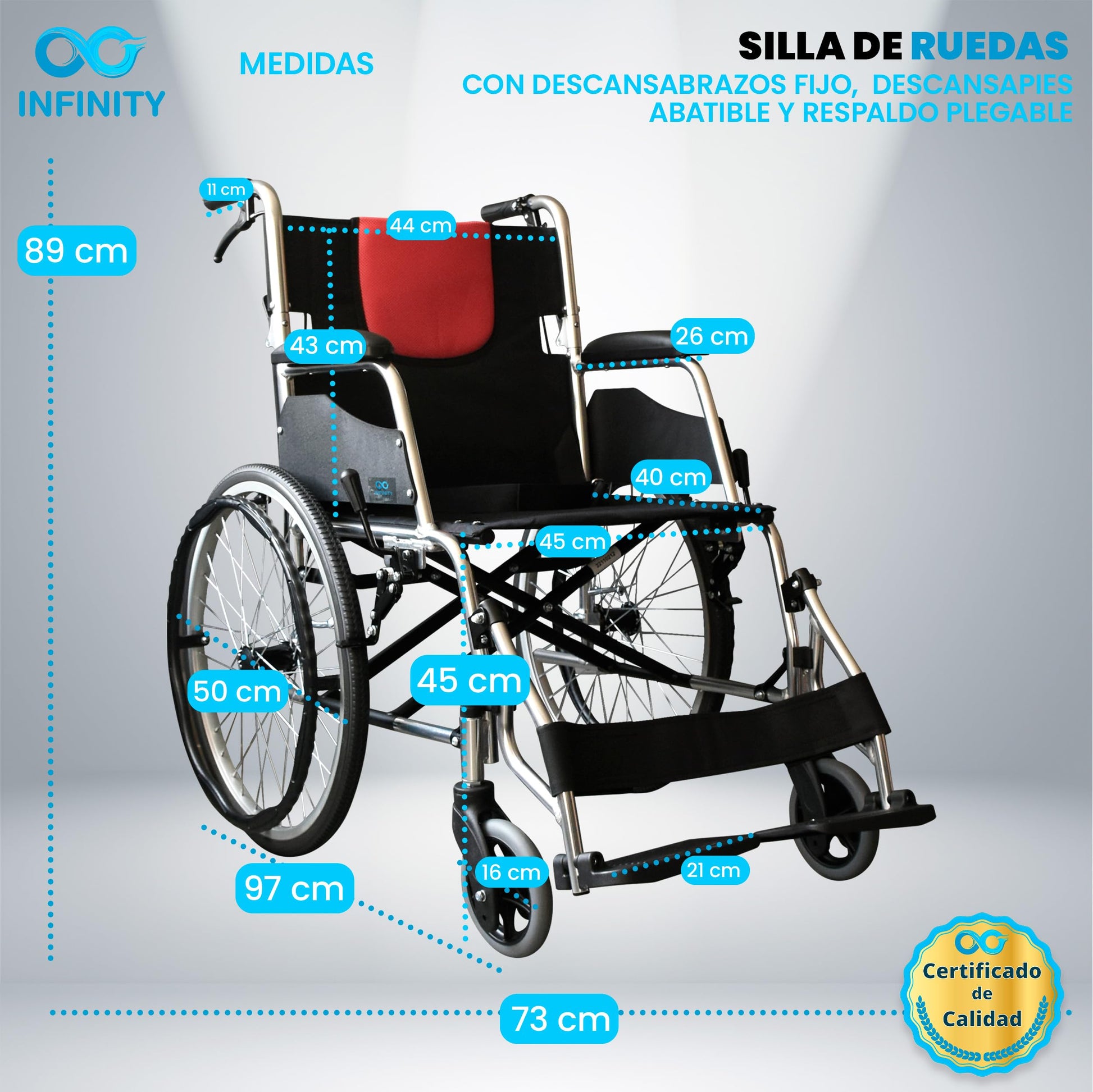 INFINITY | Silla De Ruedas Todo Terreno De Aluminio Con Respaldo Plegable y Doble Sistema de Frenado (Negro-Rojo)