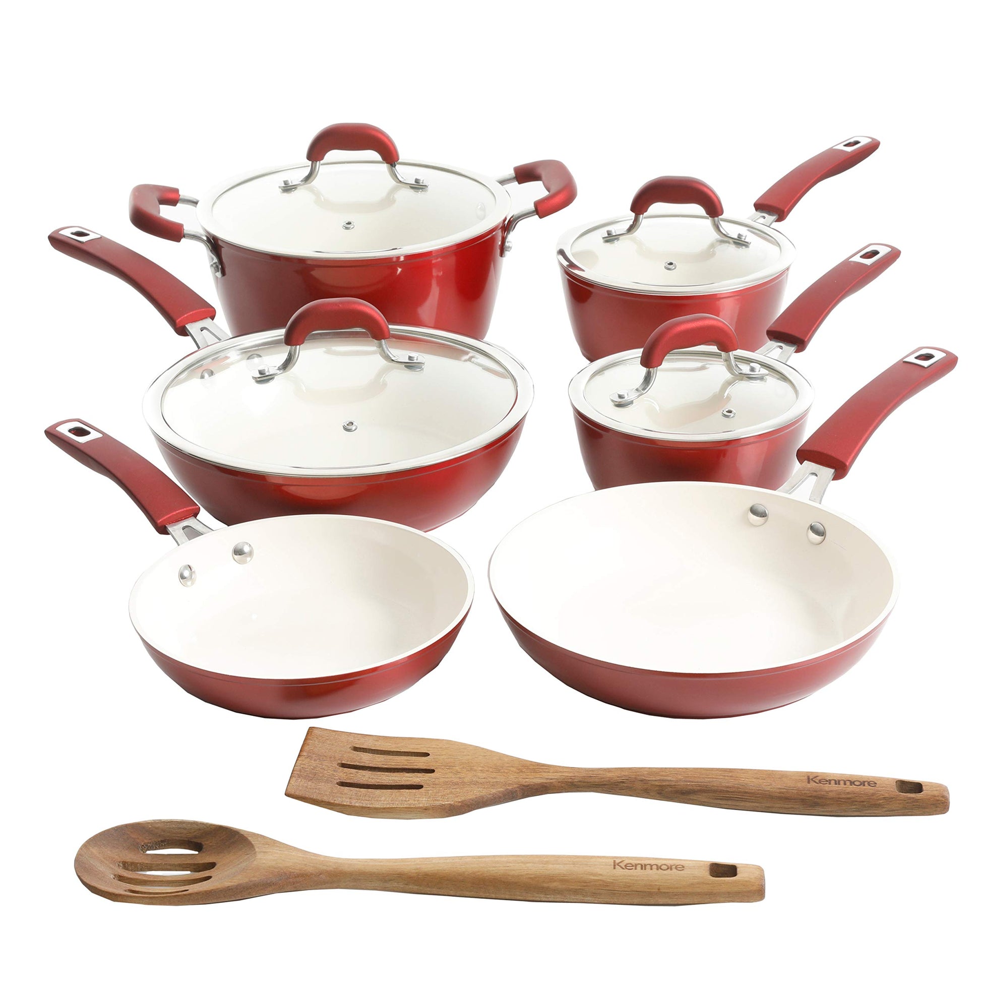 Kenmore Arlington Healthy antiadherente cerámica recubierta de aluminio forjado utensilios de cocina, 12 piezas, color rojo metálico
