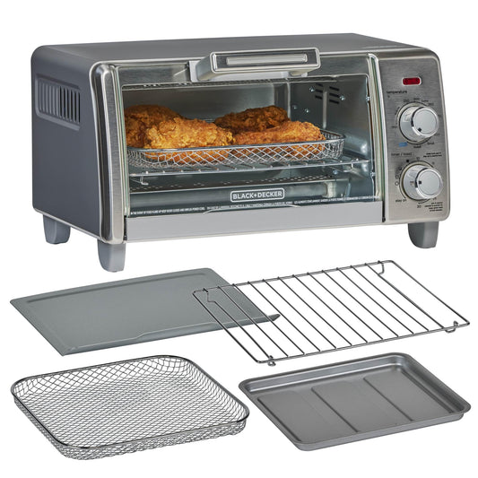 BLACK+DECKER Crisp 'N Bake Air Fry Horno tostador de convección, capacidad media, 4 veces, 5 en 1, se adapta a pizza de 9 pulgadas, temporizador de 30 minutos, hornear, asar, freír al aire, tostadas