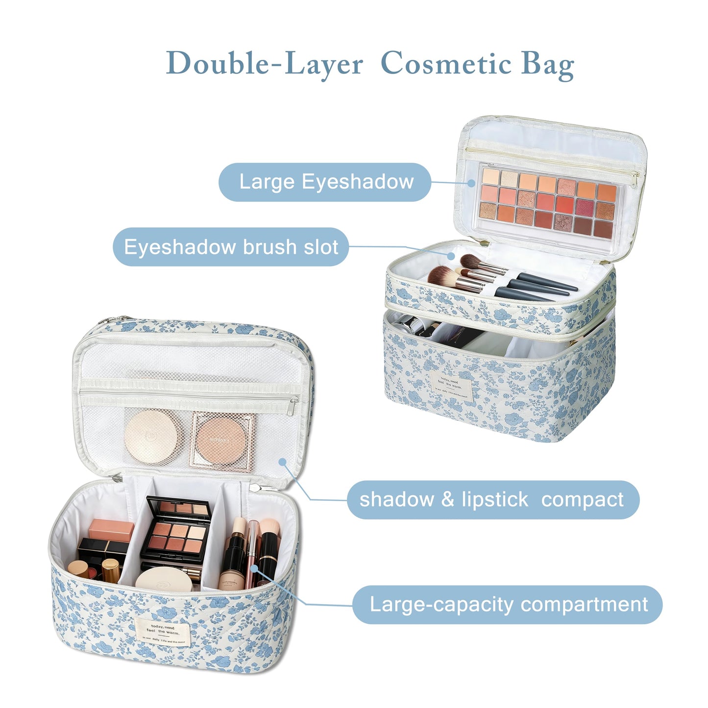 Bolsa de maquillaje, bolsa de cosméticos grande para mujeres y niñas, lindas bolsas de maquillaje acolchadas, bolsa de aseo estética de coquetas florales, bolsa organizadora de maquillaje de viaje