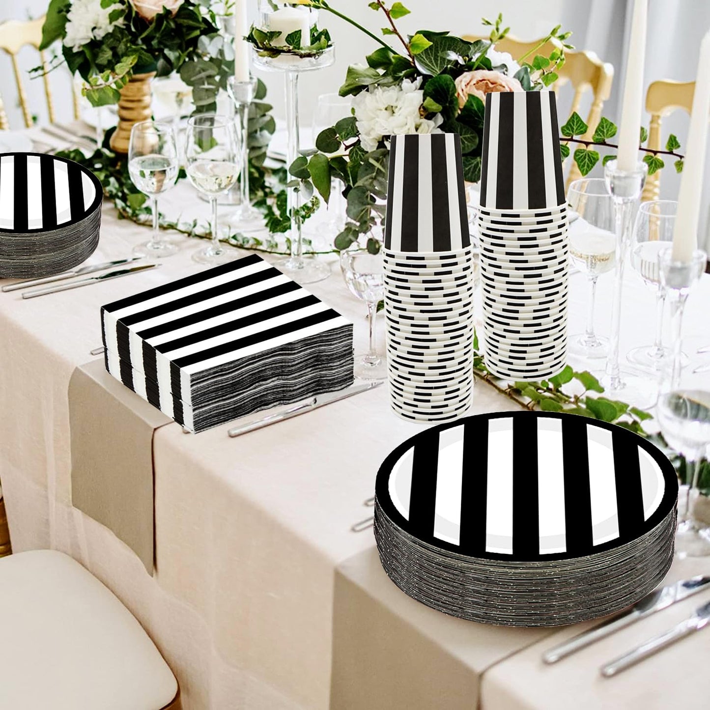 Suministros de Fiesta Serve25 Blanco y Negro Platos de Papel Rayados 175 Piezas