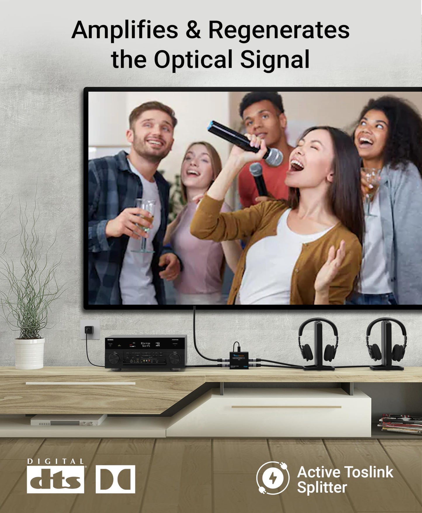 BlueRigger - Divisor de audio óptico digital 1x5 (divisor activo Toslink 1 en 5 salidas, SPDIF, adaptador de audio de fibra óptica) - para cine en casa, Xbox, PS4, DVD, reproductor de CD, receptor