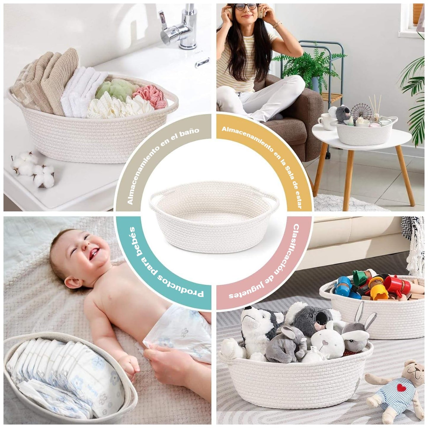 NUIO 5 Piezas Canastas Organizadoras Rectangulares de Algodón Natural con Asas, Caja Cestas de Almacenamiento,Ideal para Baño, Juguetes Infantiles, Clóset, Maquillaje y Organización del Baño (blanco)