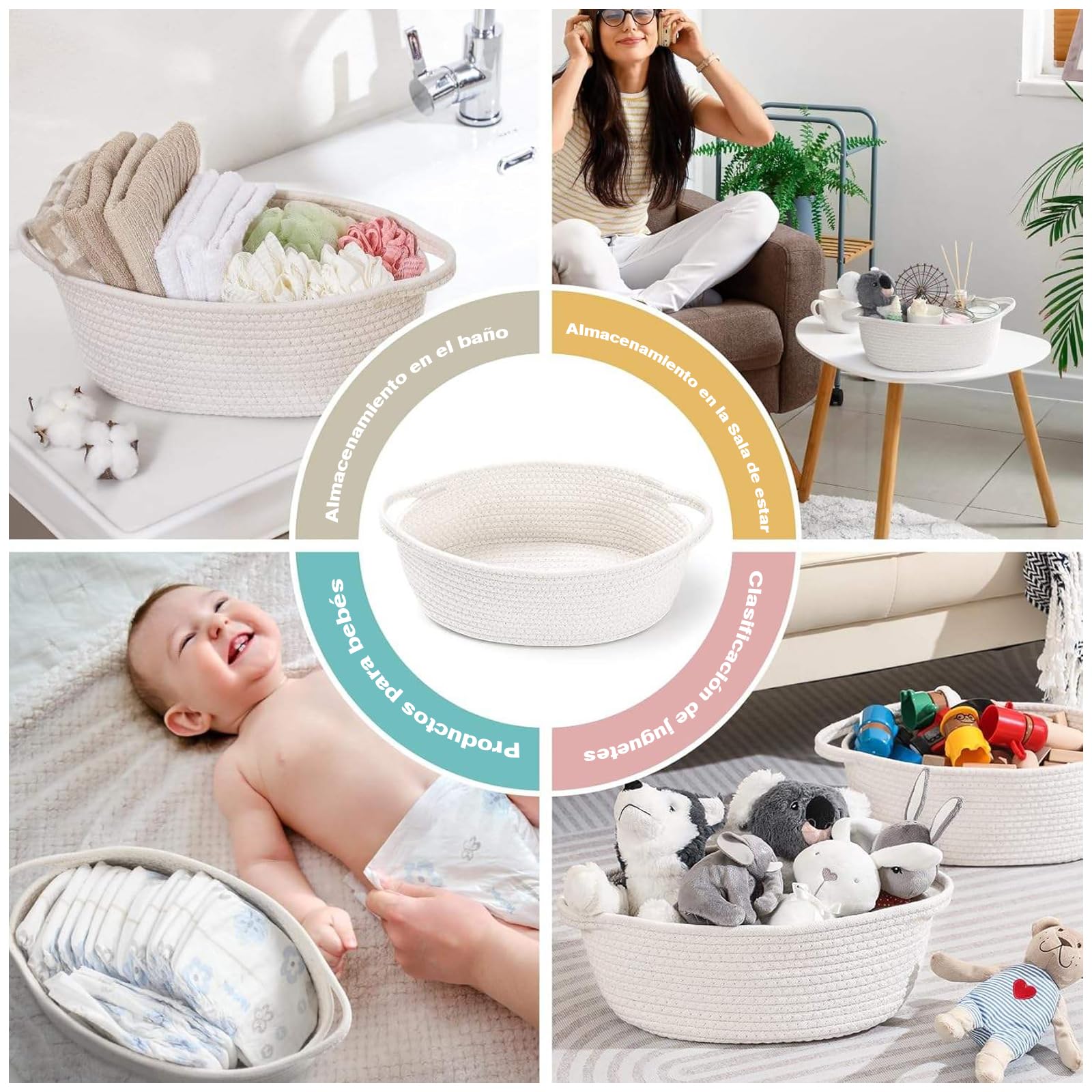NUIO 5 Piezas Canastas Organizadoras Rectangulares de Algodón Natural con Asas, Caja Cestas de Almacenamiento,Ideal para Baño, Juguetes Infantiles, Clóset, Maquillaje y Organización del Baño (blanco)