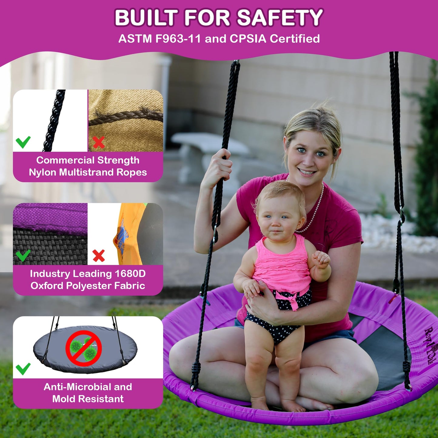 Gigante 101,6 cm platillo Árbol Swing en Elite púrpura, Ultra Fuerte estructura de acero., cuerda de tela impermeable, de grado industrial, Super Fácil Instrucciones, cuelga en minutos, Non-Stop divertido, ideal para niños y fiestas.