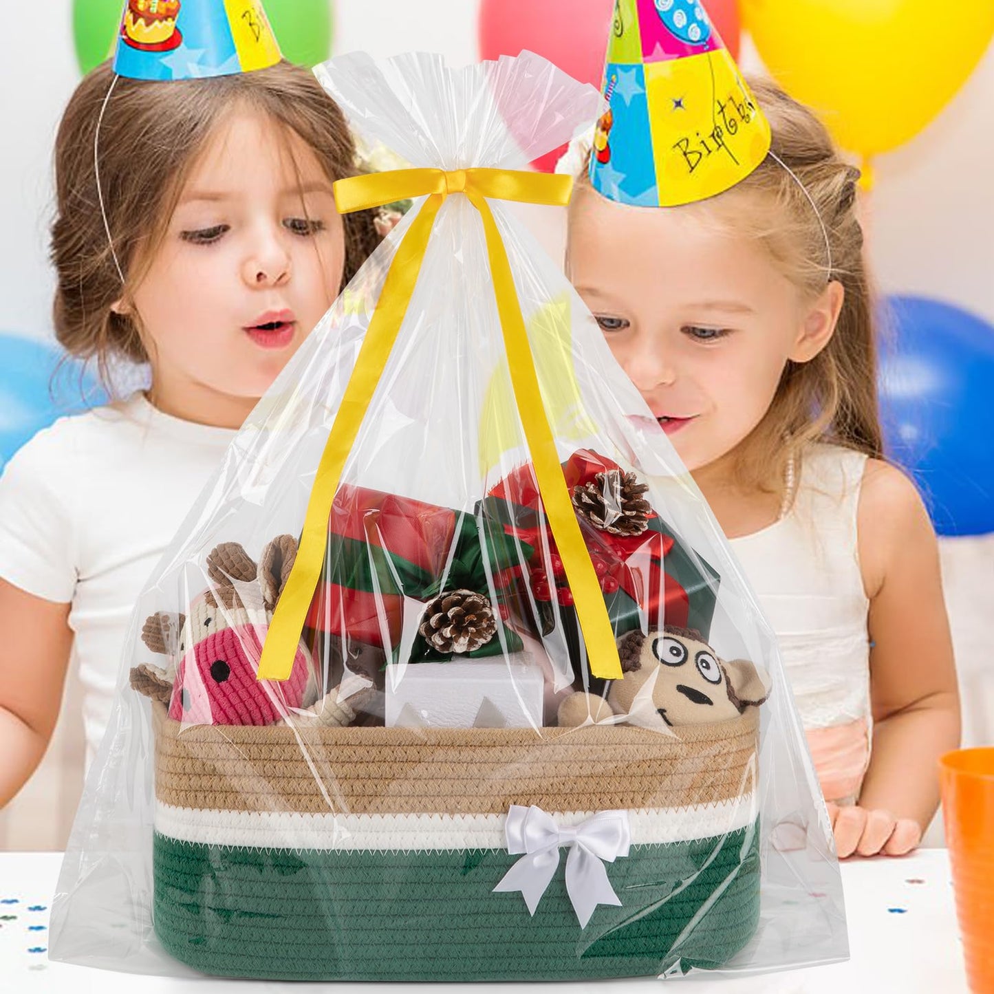 OIAHOMY - Cesta de almacenamiento tejida grande con asas para guardería, estantes de sala de estar, cesta de lazo para regalos vacía con bolsas de regalo y cintas para baby shower, contenedor de