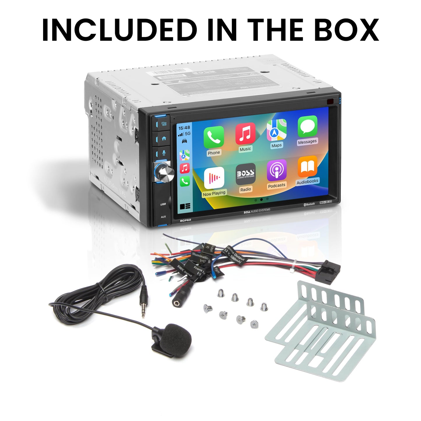 Boss Audio Systems BCP62 - Estéreo de Coche - Apple CarPlay, Doble DIN, visualización táctil capacitiva de 6.2 Pulgadas, Bluetooth, sin Reproductor de CD y DVD, Receptor de Radio Am/FM, USB