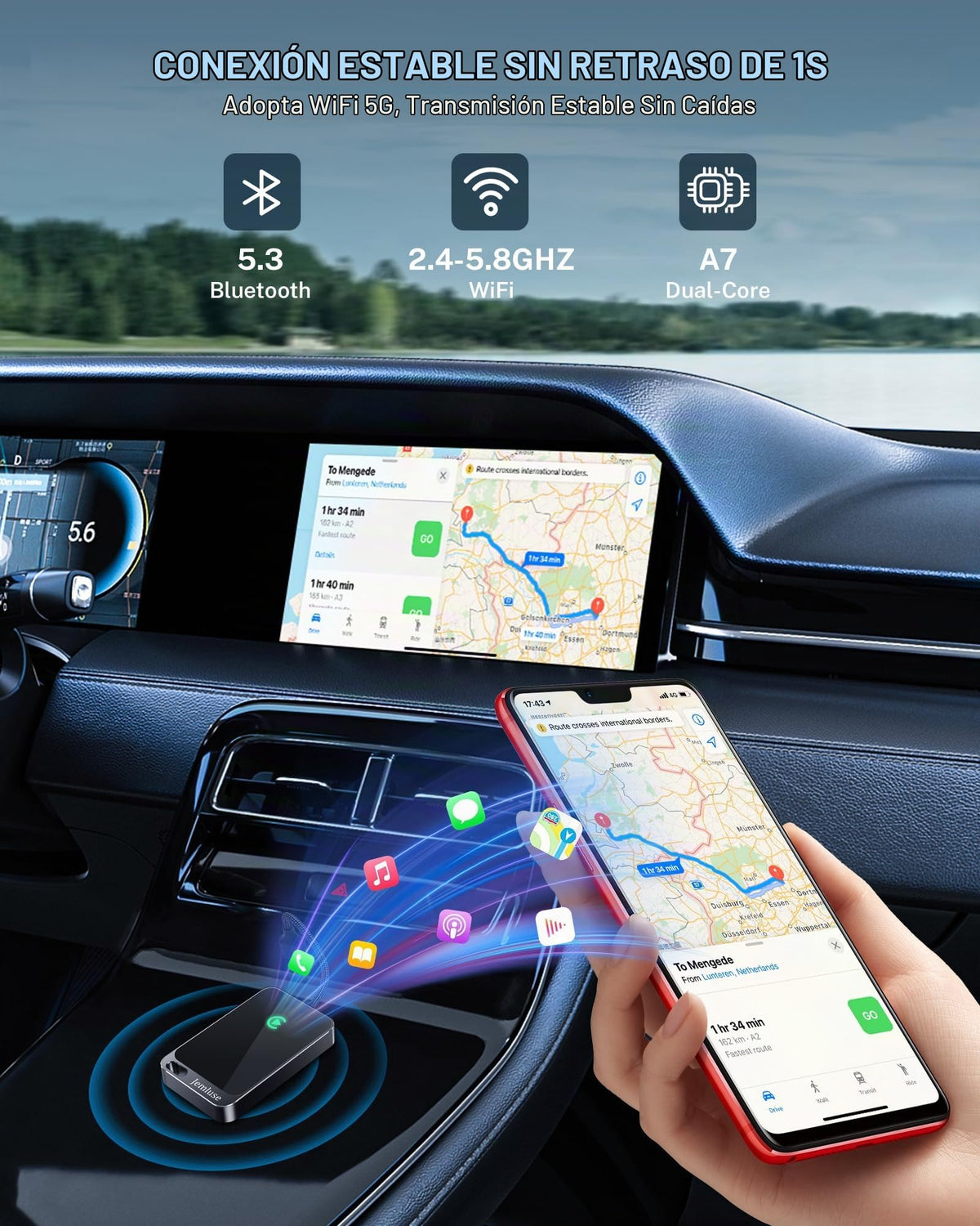 Adaptador CarPlay Inalámbrico Jemluse Gris con Conexión Multidispositivo para iPhone