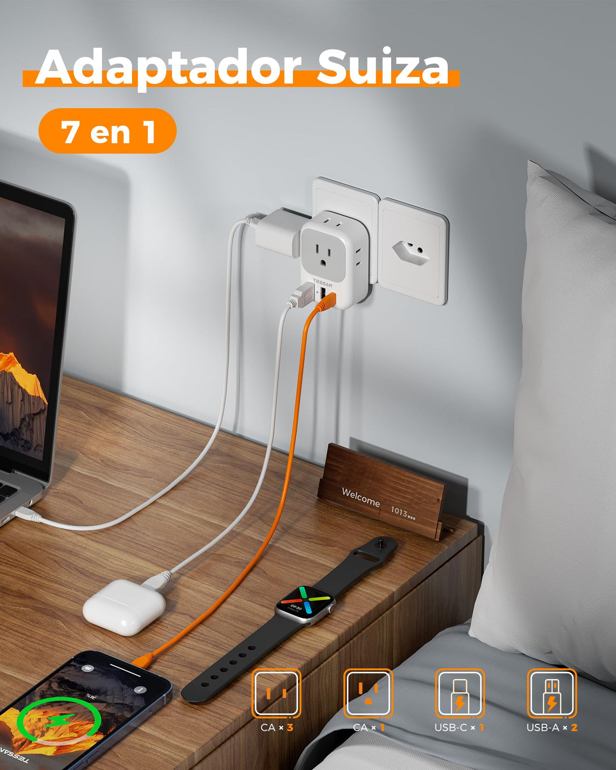 Adaptador de Viaje TESSAN Suiza con Enchufe Suizo 4 CA 3 USB