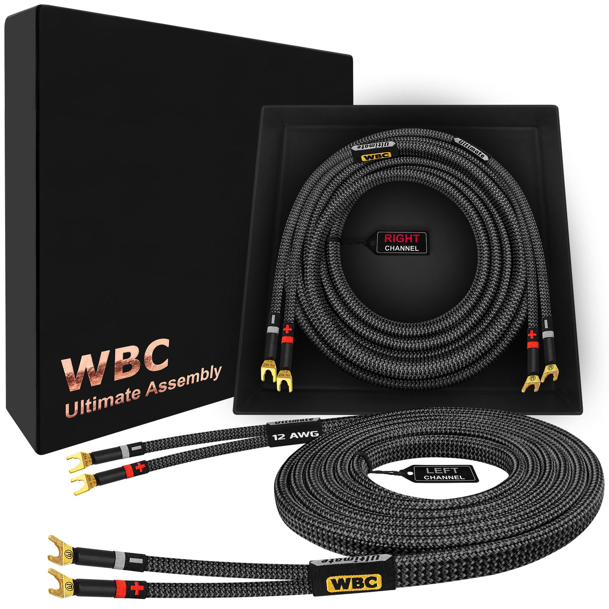 Cable de Altavoz Worlds Best Cables 10 Pies Ultra Puro OFC 12 AWG con Enchufes Eminence Spade y Chamarra de Tweed de Carbono Audiófilo Premium Alta Fidelidad