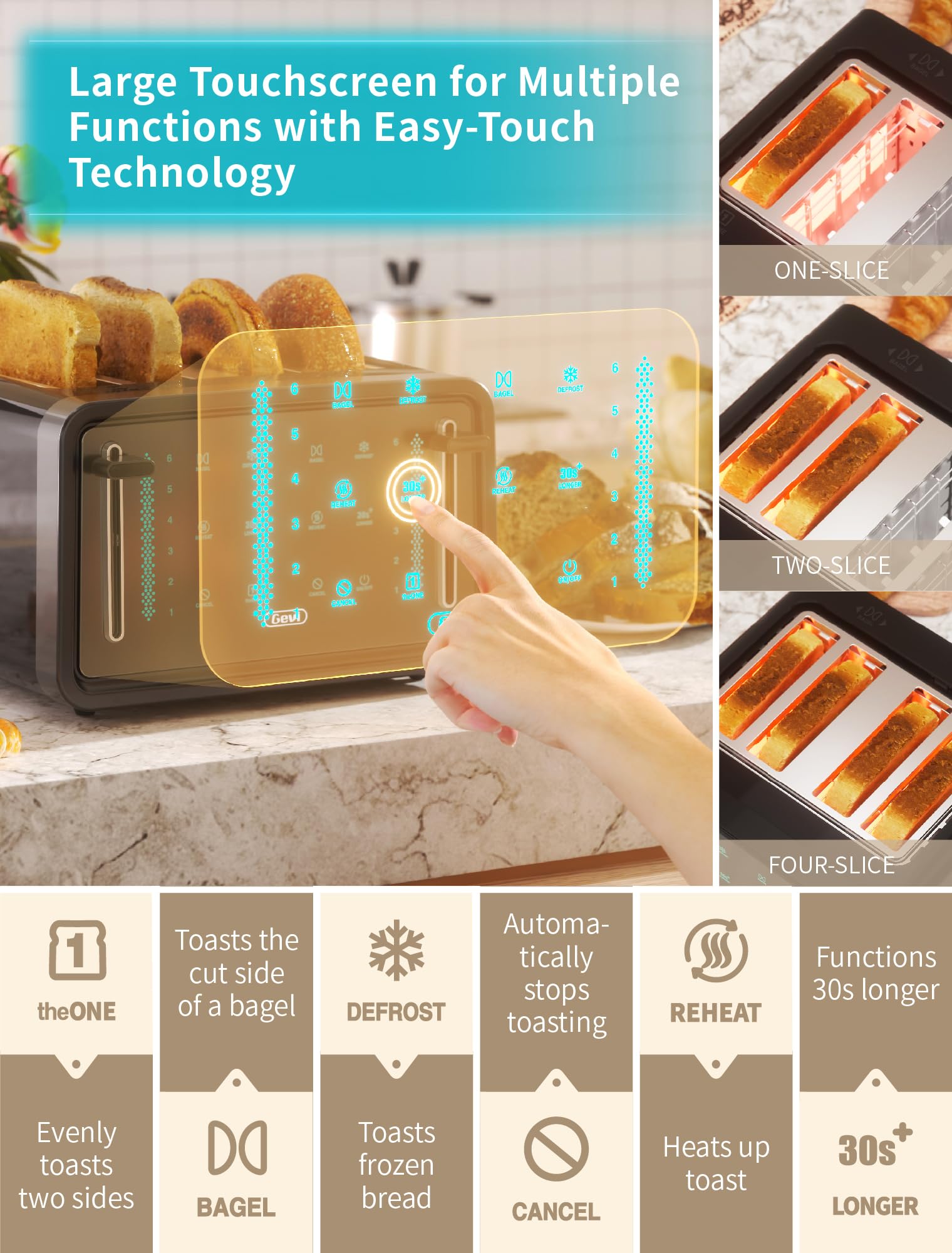 Gevi tostador de 4 rodajas, visualización LED táctil tostador de bagel con paneles de control dual de bagel/recalentamiento/descongelación/cancelación/tostado una rebanada/función más larga, ajuste de 6 tonos