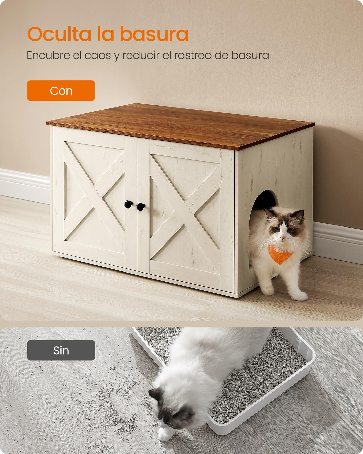 Feandrea Arenero para Gatos, Caja de Arena Oculta, con Separador Extraíble, 80 x 53 x 50 cm, Marrón Miel y Blanco Rústico MPCL002P01