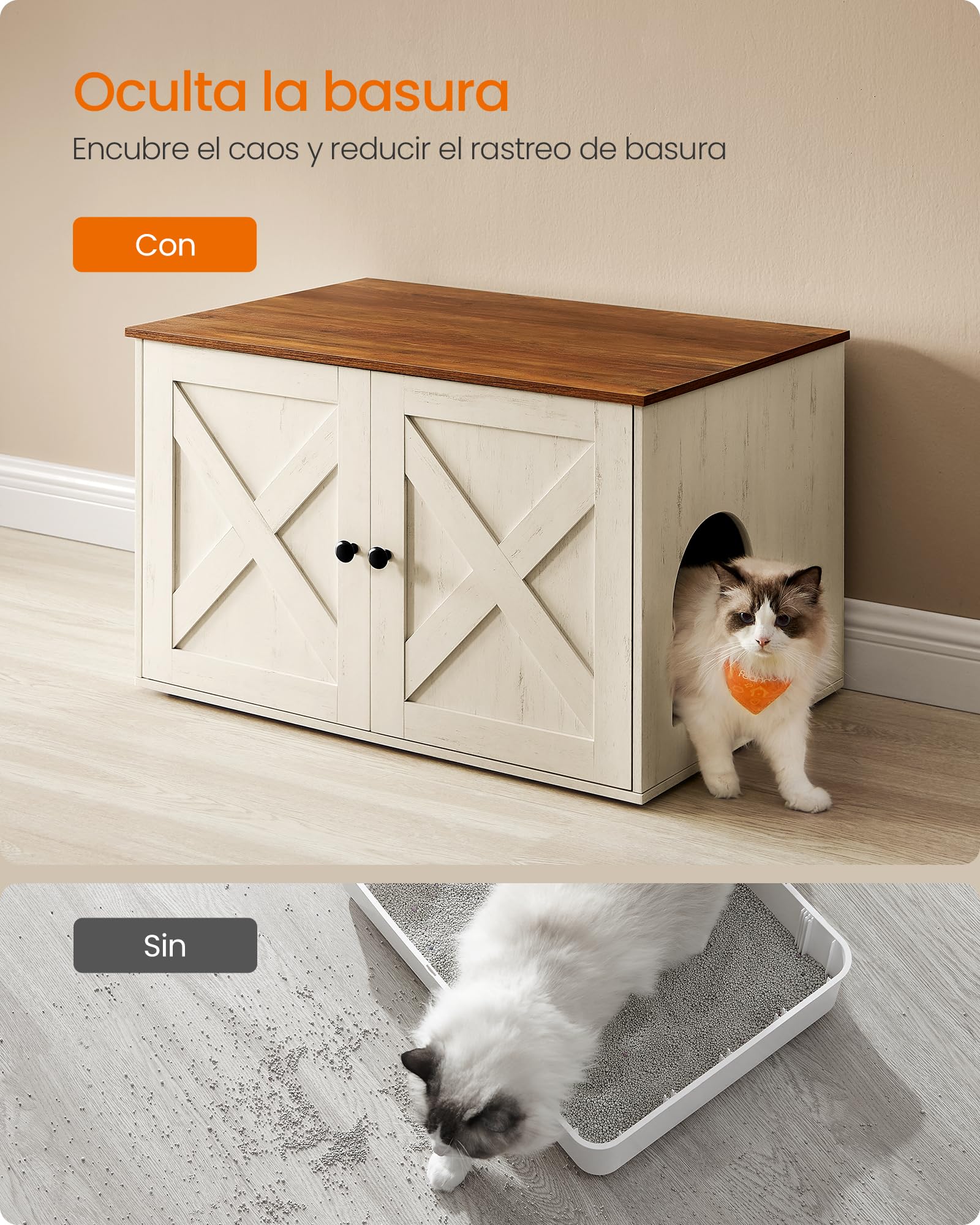 Feandrea Arenero para Gatos, Caja de Arena Oculta, con Separador Extraíble, 80 x 53 x 50 cm, Marrón Miel y Blanco Rústico MPCL002P01