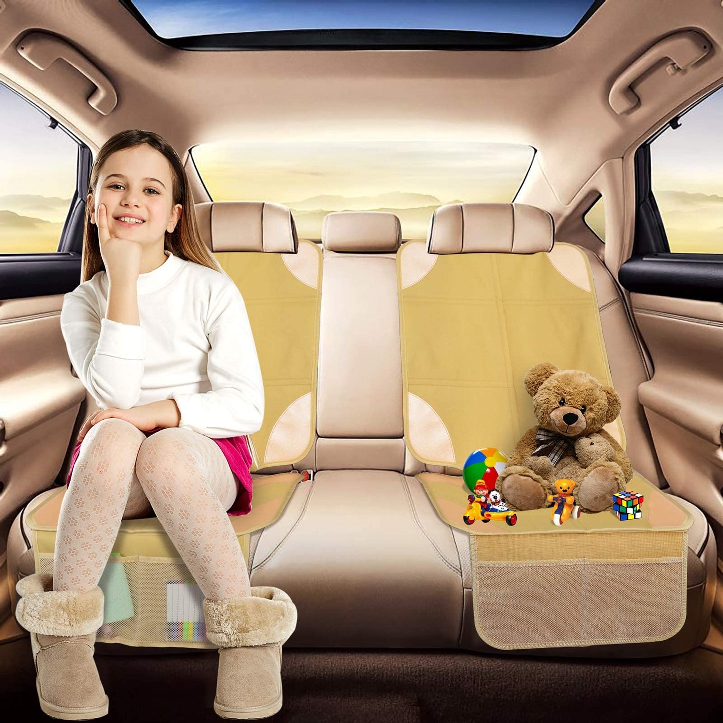 Meolsaek Protector de asientos de piel de coche, respaldo acolchado antideslizante, no deja marcas, más grueso, se adapta al asiento infantil, para SUV, sedán, camioneta, paquete de 2 unidades, beige