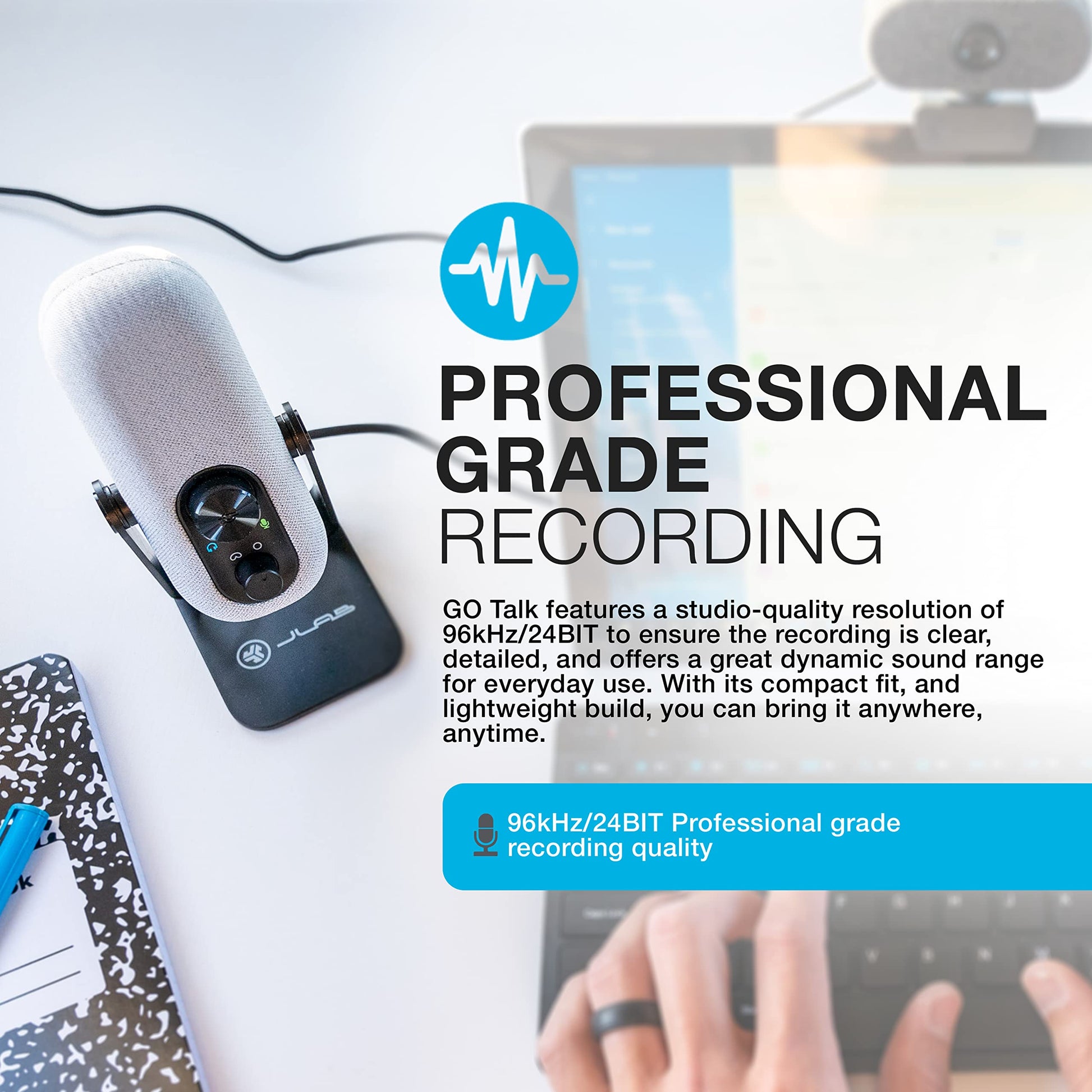 JLab Go Talk Micrófono USB | Blanco | Salida USB-C | Cardioide u omnidireccional | Frecuencia de muestreo de 96 K | Respuesta de frecuencia de 20 Hz - 20 kHz | Control de volumen y silencio rápido | AUX de 3,5 mm | Plug and Play