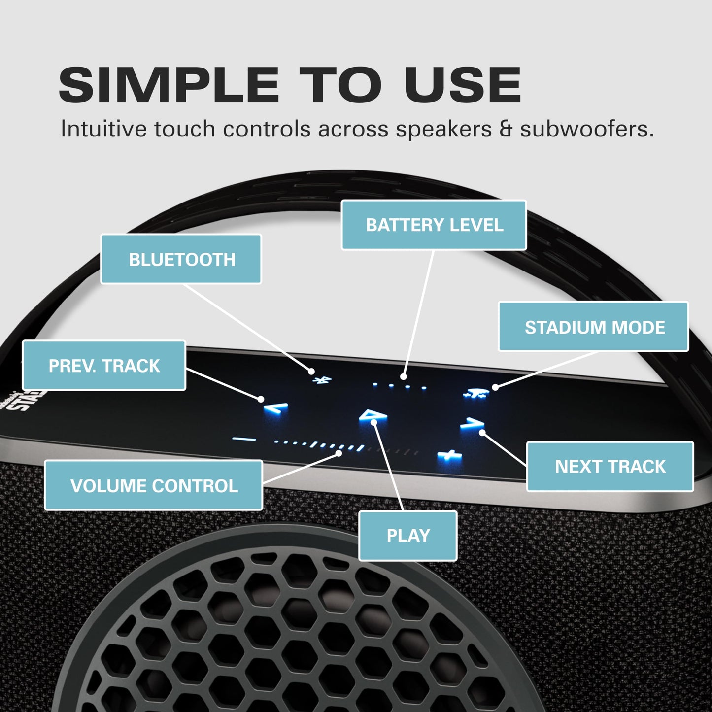 Rocksteady Stadium 2.0 Subwoofer - Bajo portátil inalámbrico, doble ecualizador, alcance de hasta 150 pies - Hasta 30 horas de duración de la batería - Subwoofer y correa de transporte